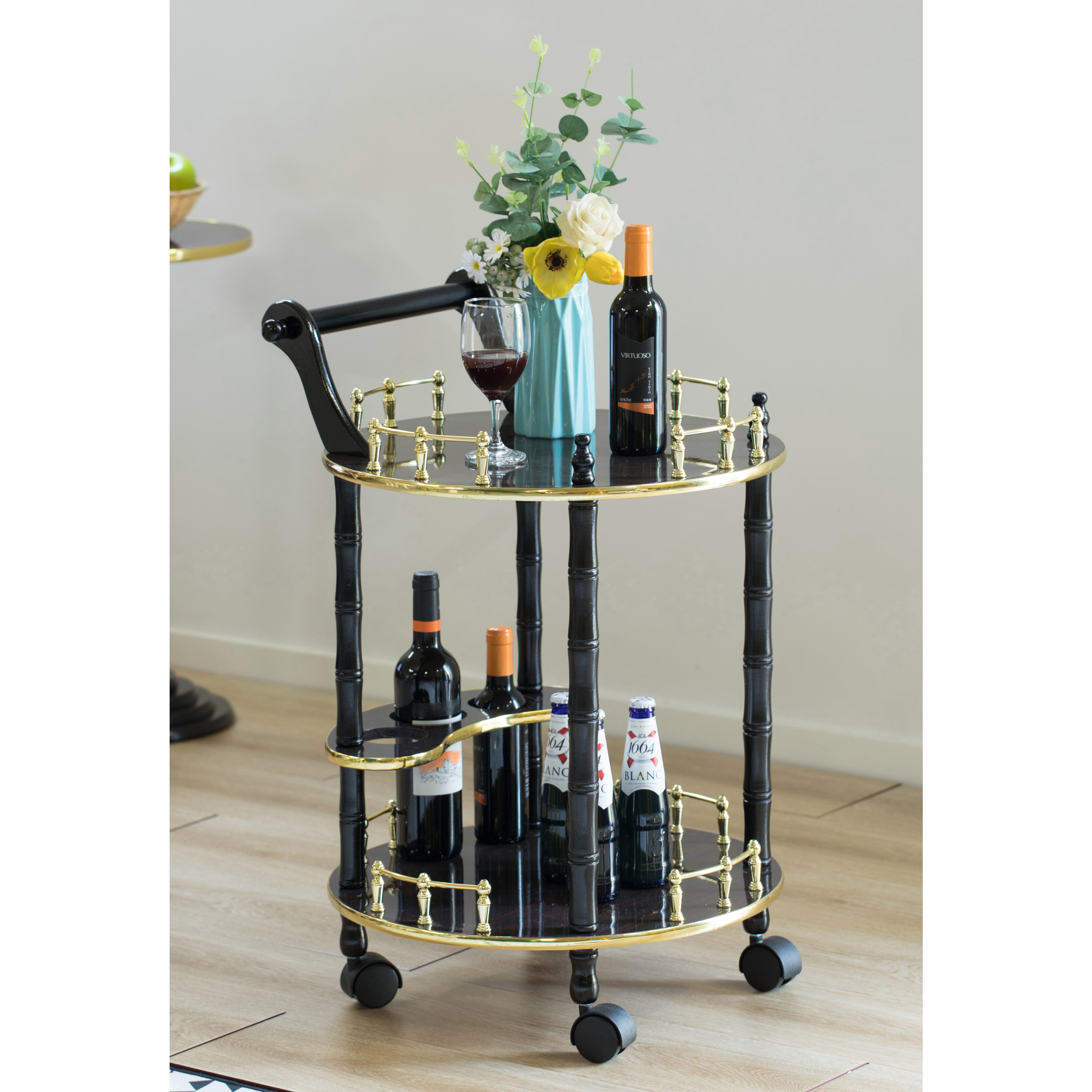 Round Wood Serving Bar Cart Tea Trolley With 2 Tier Shelves And Rolling Wheels - Gray