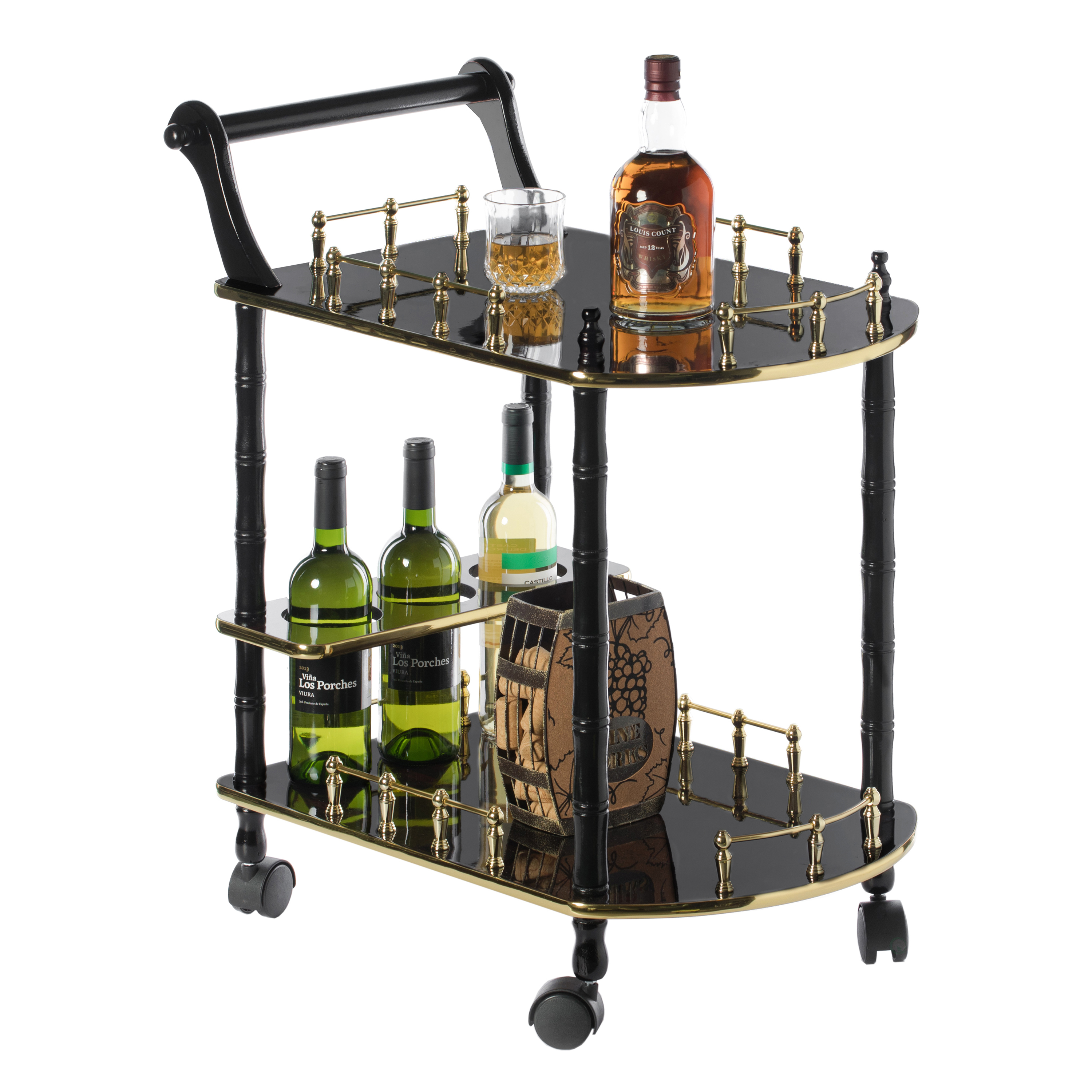 Wood Serving Bar Cart Tea Trolley With 2 Tier Shelves And Rolling Wheels - Brown