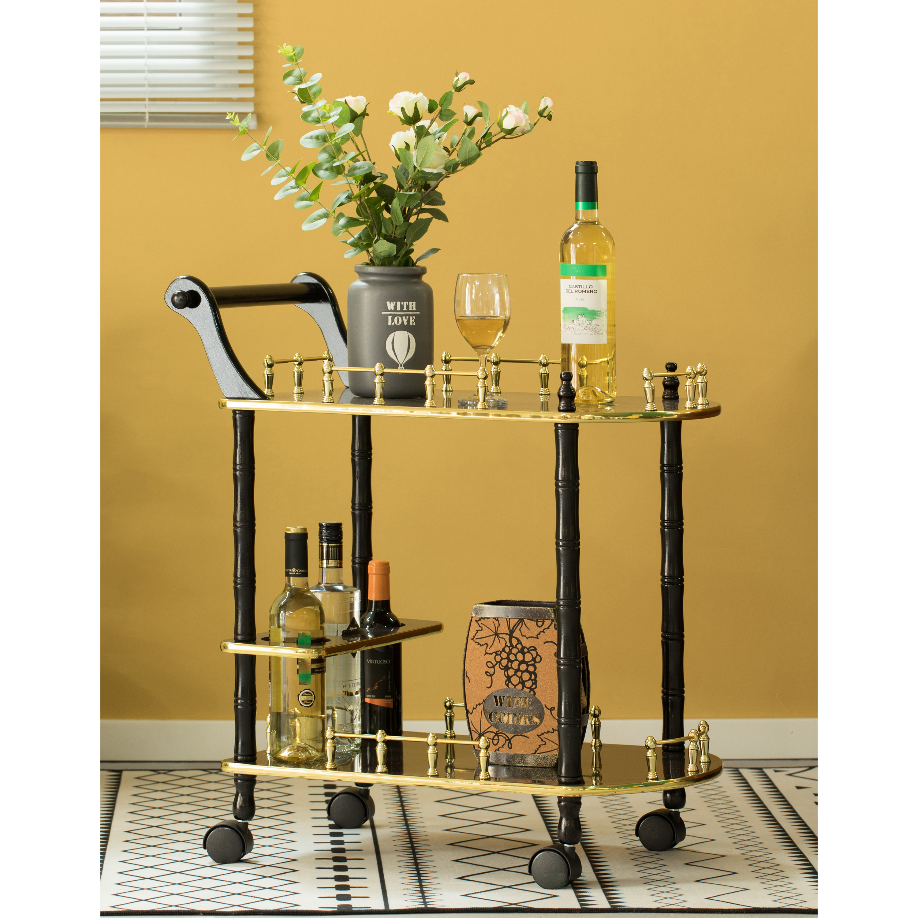 Wood Serving Bar Cart Tea Trolley With 2 Tier Shelves And Rolling Wheels - White