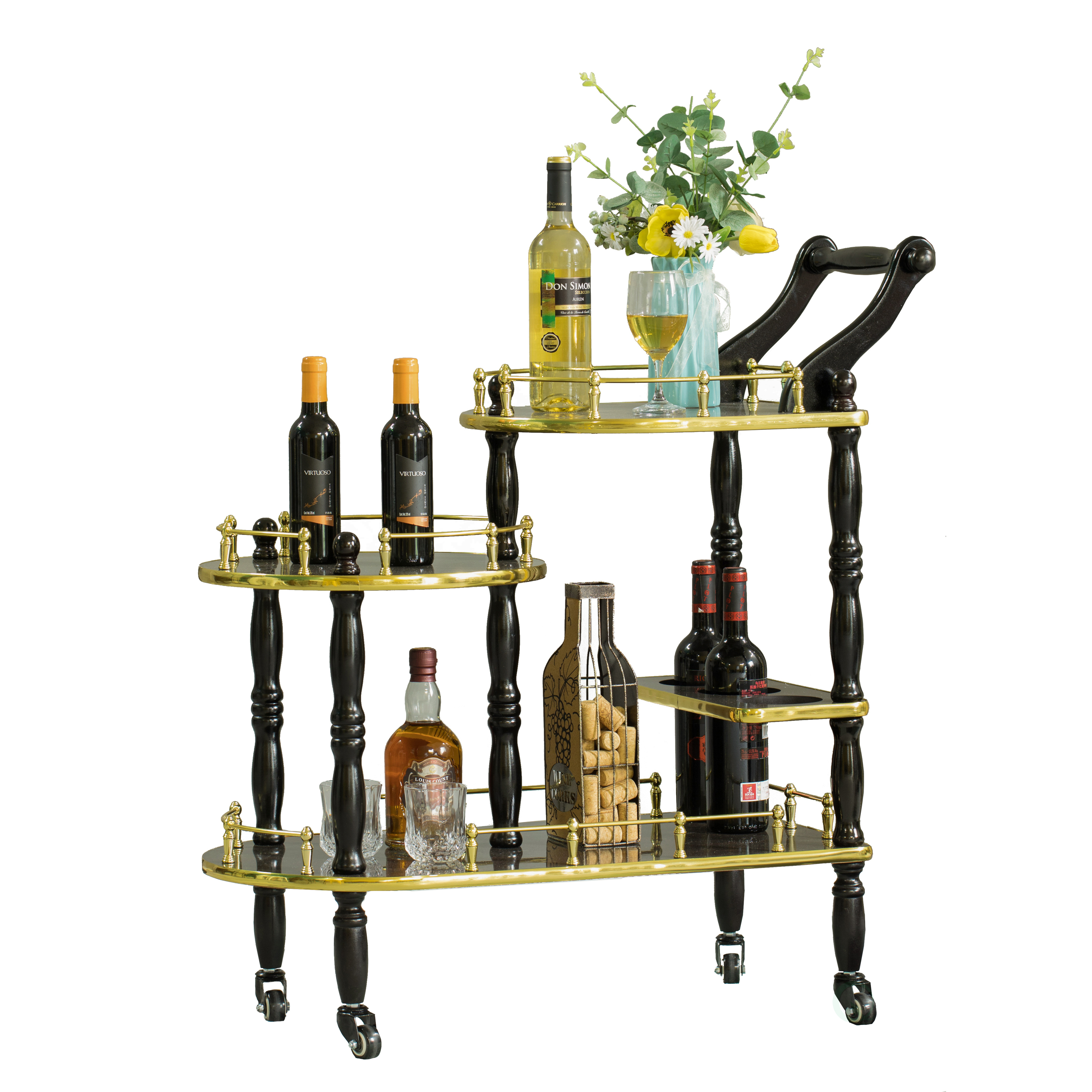 Wood Serving Bar Cart Tea Trolley With 3 Tier Shelves And Rolling Wheels - Gray
