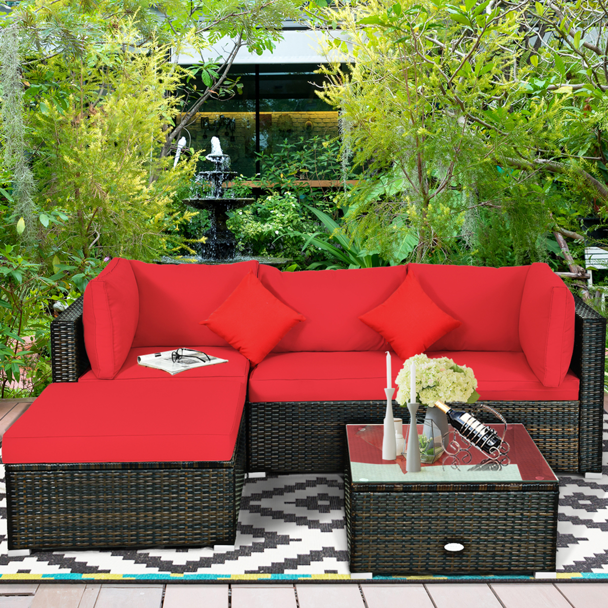 5PCS Rattan Sectional Sofa Set Patio Furniture Set W/ Red Cushion Pillow