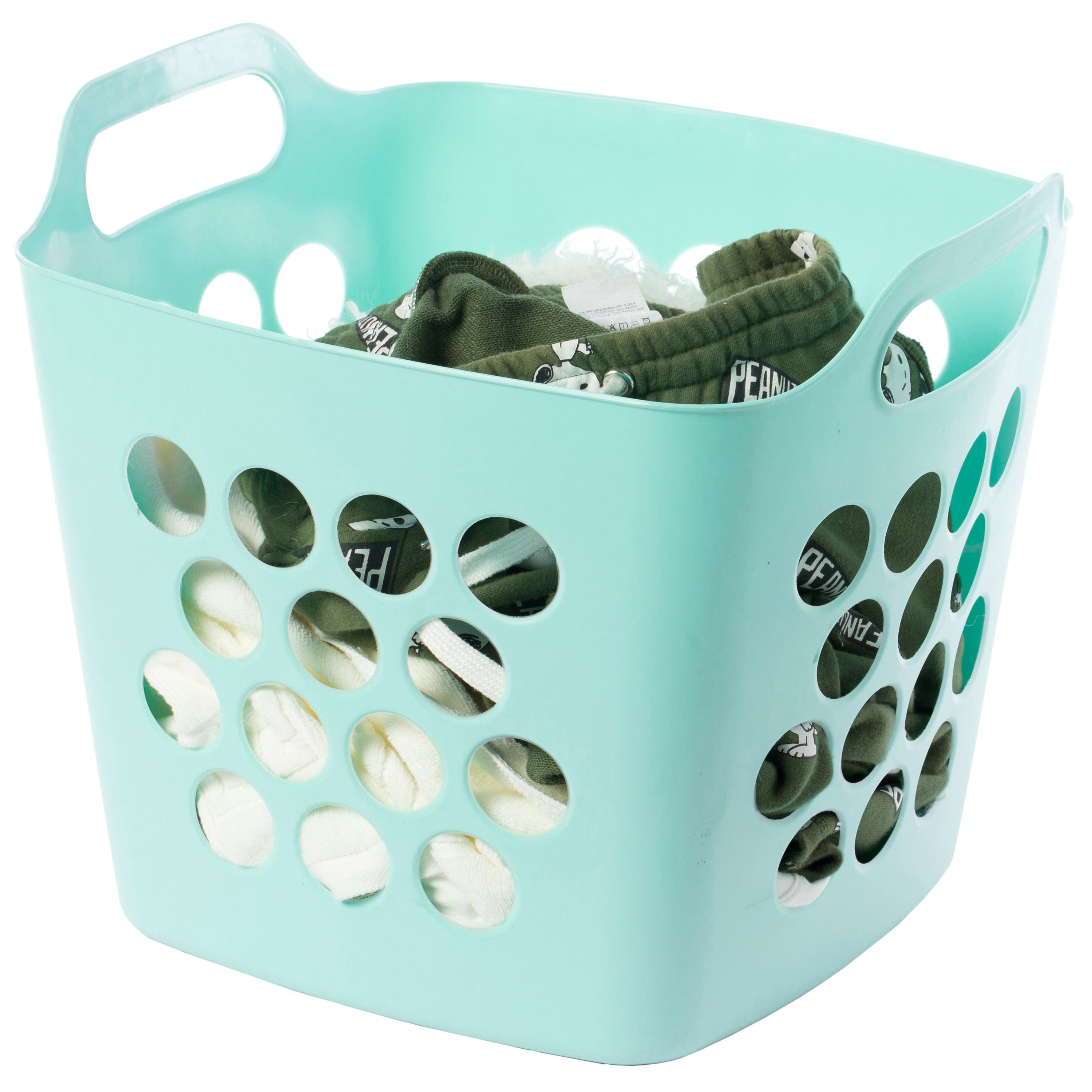Flexible Plastic Carry Laundry Basket Holder Square Storage Hamper With Side Handles - Green