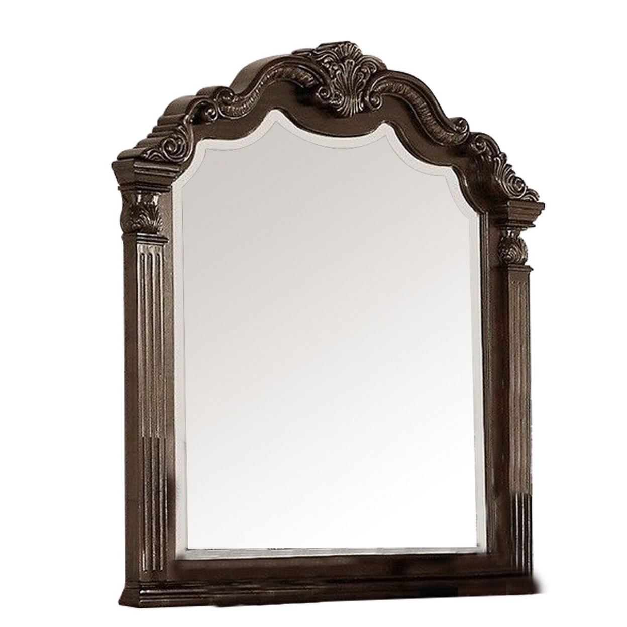 Modern Mirror With Crown Top Frame And Molded Details, Brown- Saltoro Sherpi