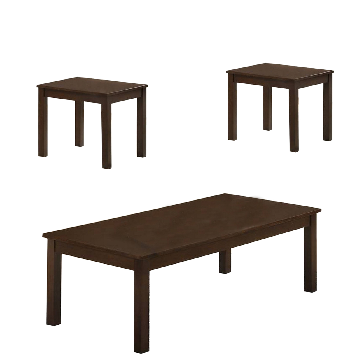3 Piece Transitional Coffee Table And End Table With Block Legs, Brown- Saltoro Sherpi