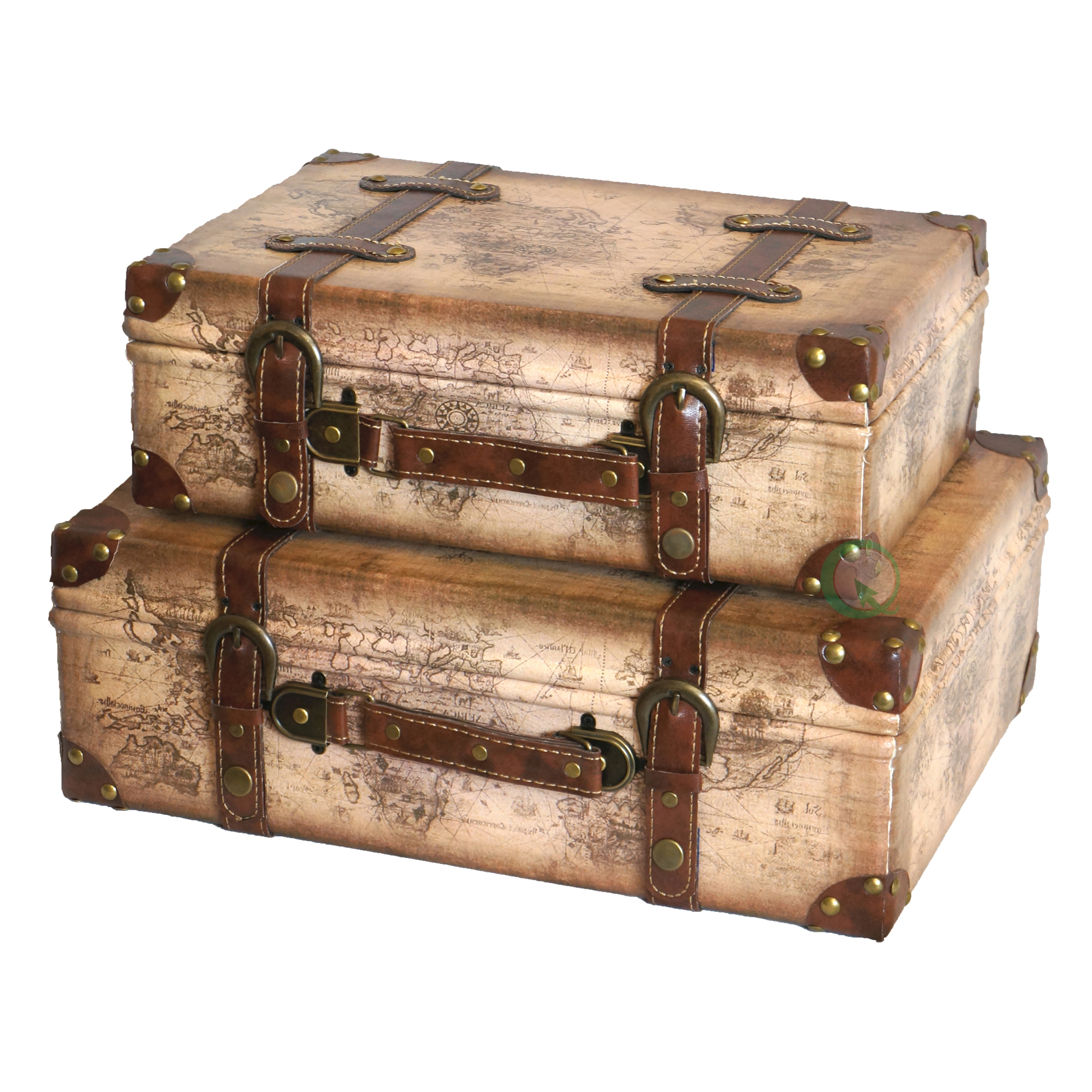 Old World Map Leather Vintage Style Suitcase With Straps-Set Of 2