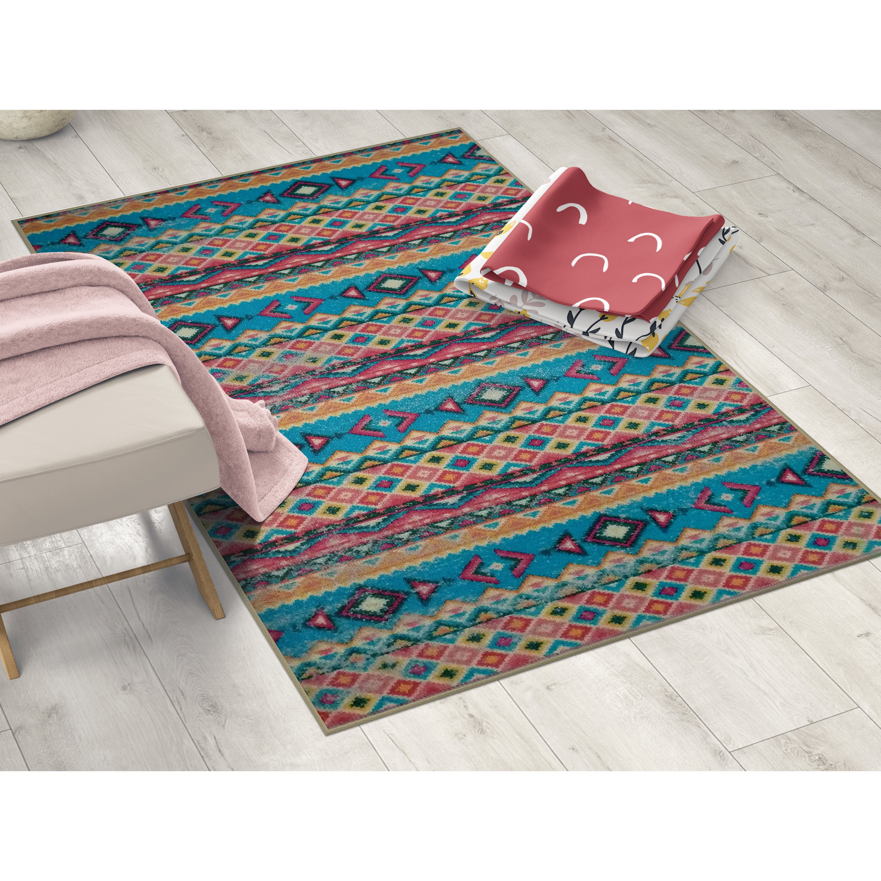 Deerlux Boho Living Room Area Rug With Nonslip Backing, Turquoise Aztec Pattern - 8 X 10