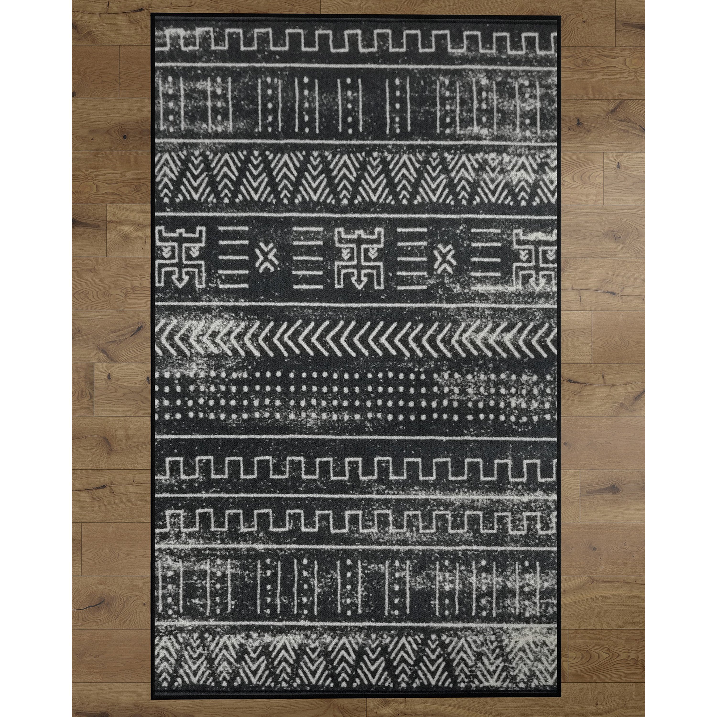 Deerlux Boho Living Room Area Rug With Nonslip Backing, Black Tribal Pattern - 5x7