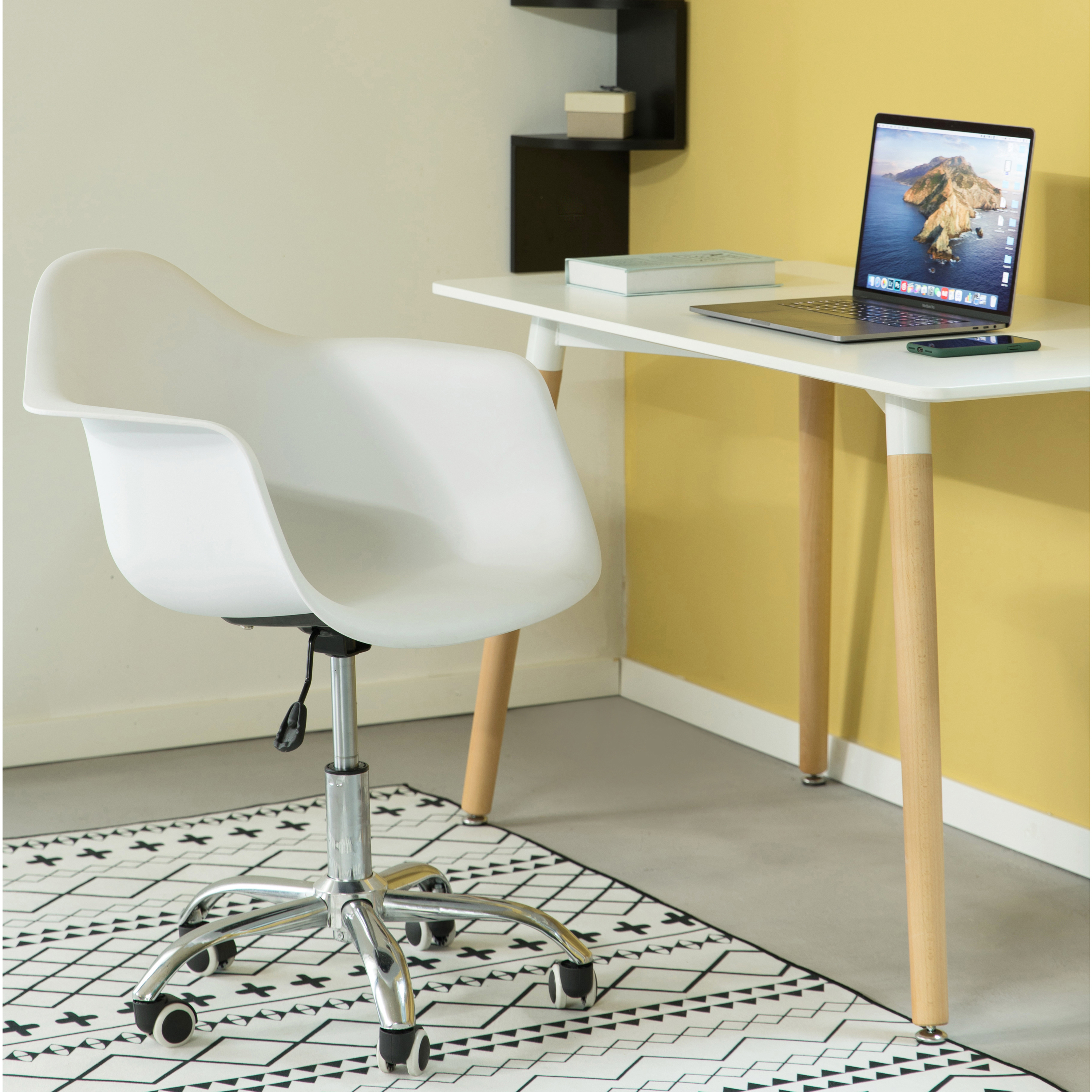 Mid-Century Modern Style Swivel Plastic Shell Molded Office Task Chair With Rolling Wheels - White