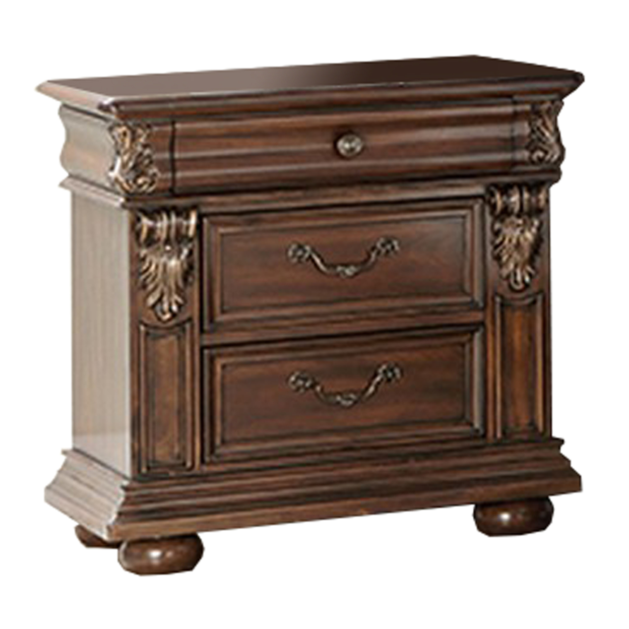3 Drawer Wooden Nightstand With Molded And Carved Details, Brown- Saltoro Sherpi