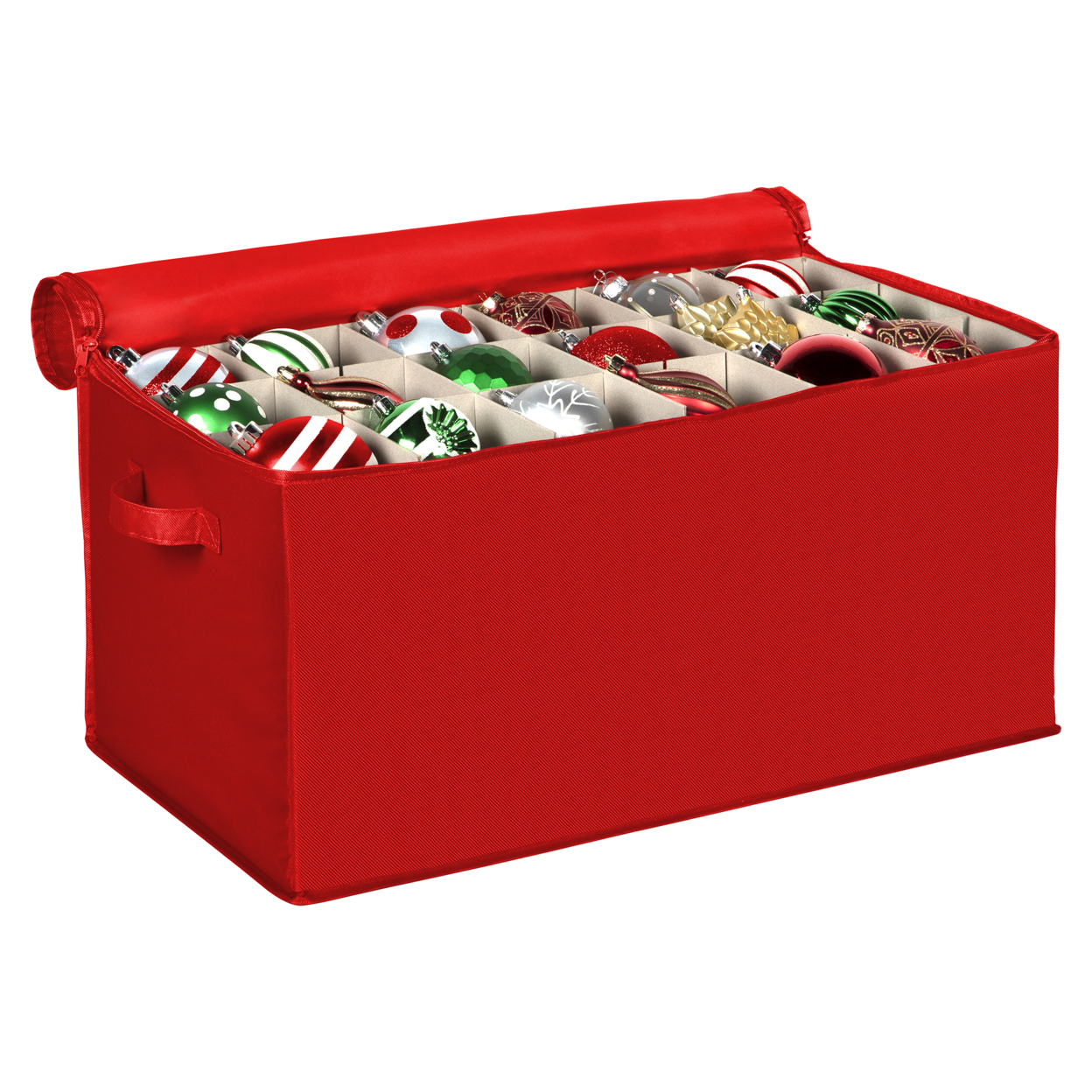 Xmas Ornament Storage Container With Dividers Fits Up To 54 - 4 Ornaments, Durable 600D, Red