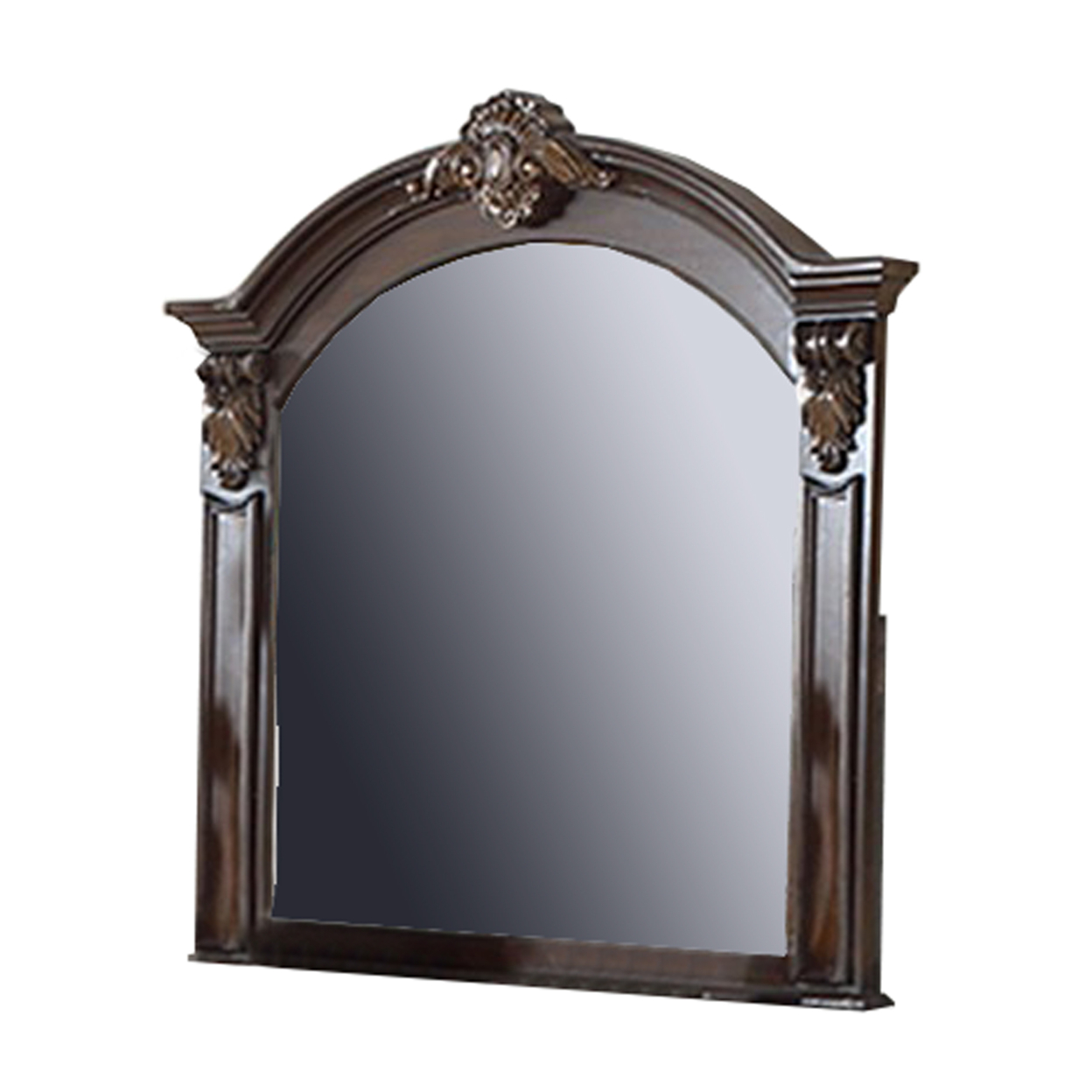 Scalloped Crown Top Wooden Frame Wall Mirror With Molded Details, Brown- Saltoro Sherpi