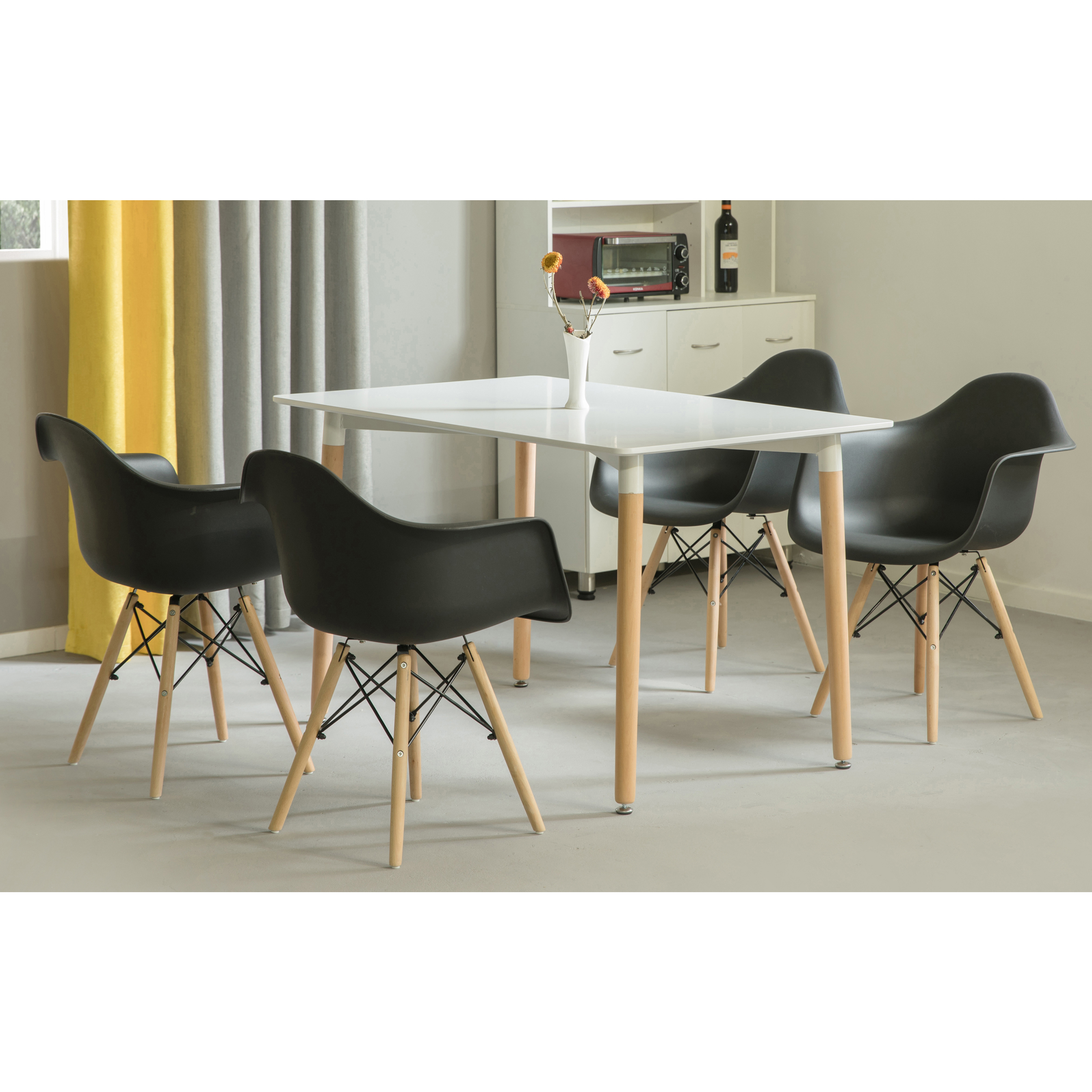 Mid-Century Modern Style Plastic DAW Shell Dining Arm Chair With Wooden Dowel Eiffel Legs - Set Of 4 Black