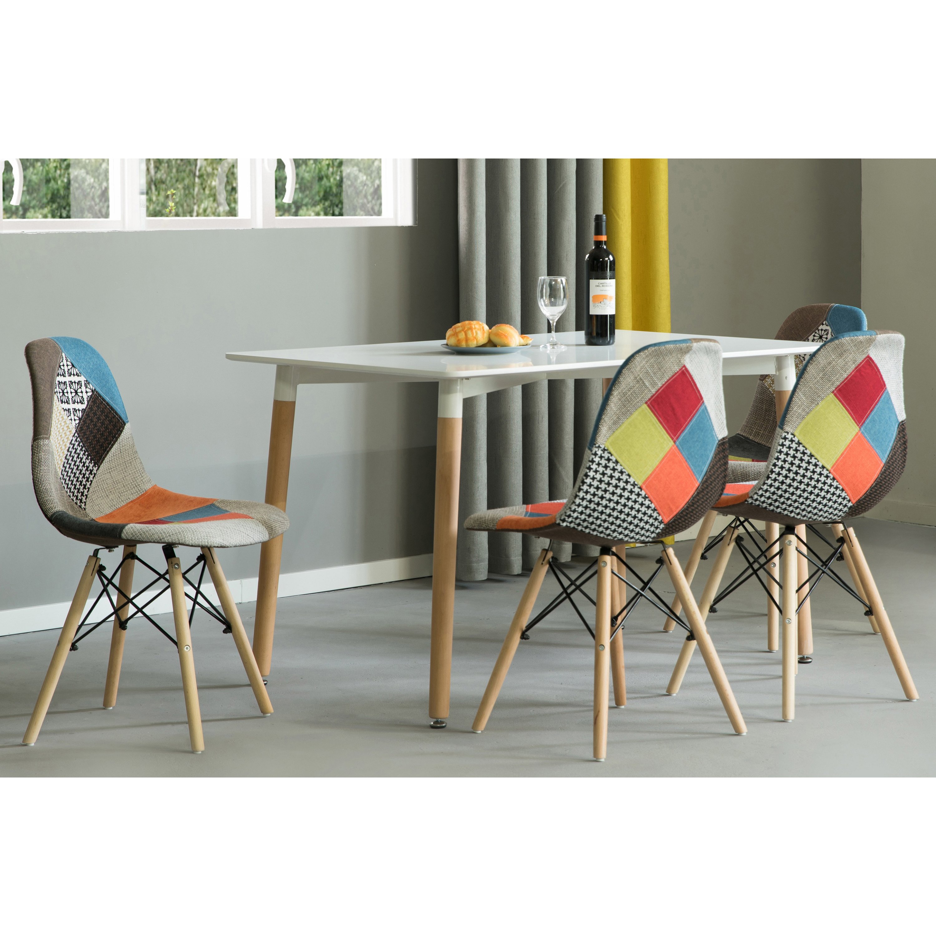 Mid-Century Modern Upholstered Plastic Multicolor Fabric Patchwork DSW Shell Dining Chair With Wooden Dowel Eiffel Legs - Set Of 4 Multicolo