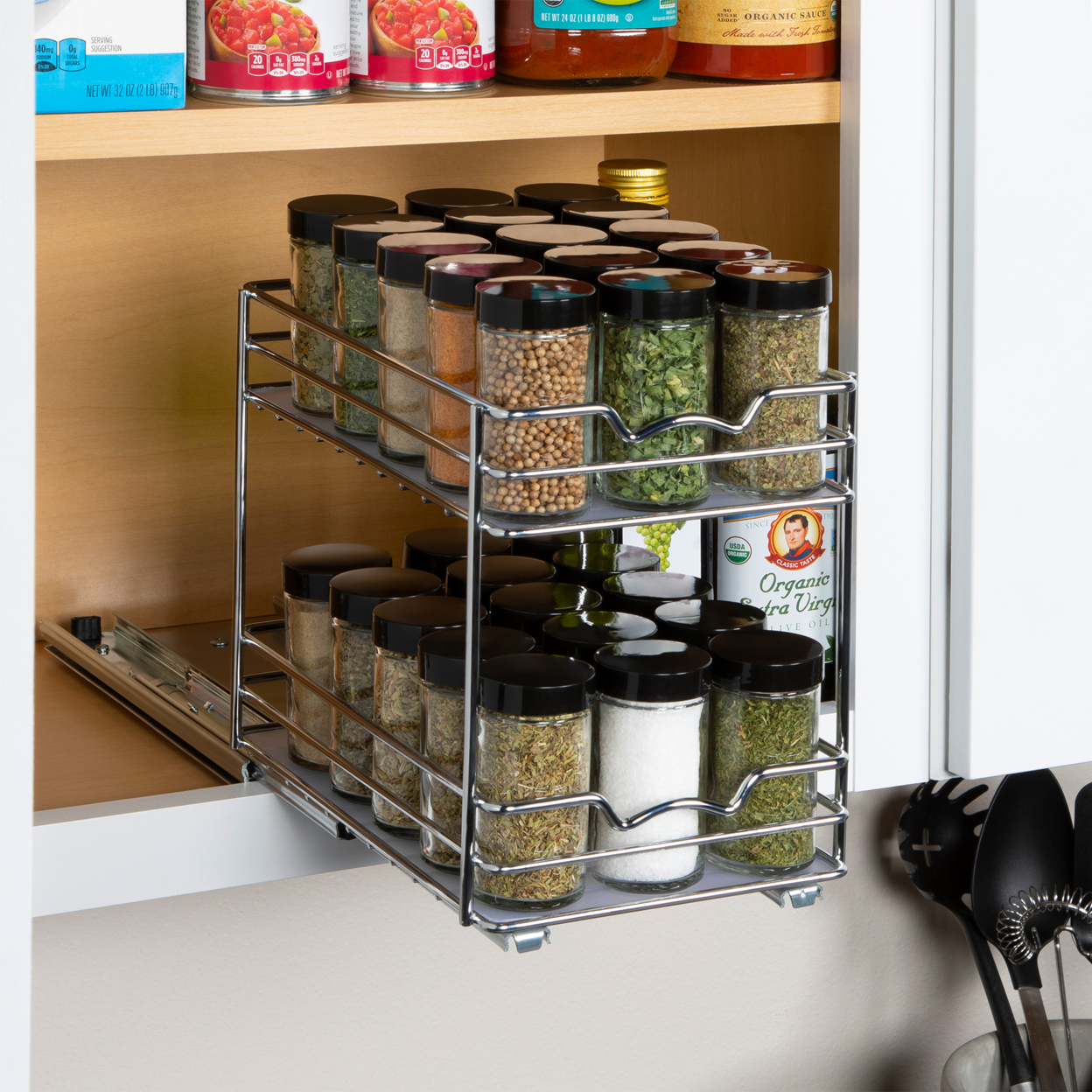 Spice Rack Organizer For Cabinet - Pull Out Double Tier Spice Rack 6-3/8W X 10-3/8D