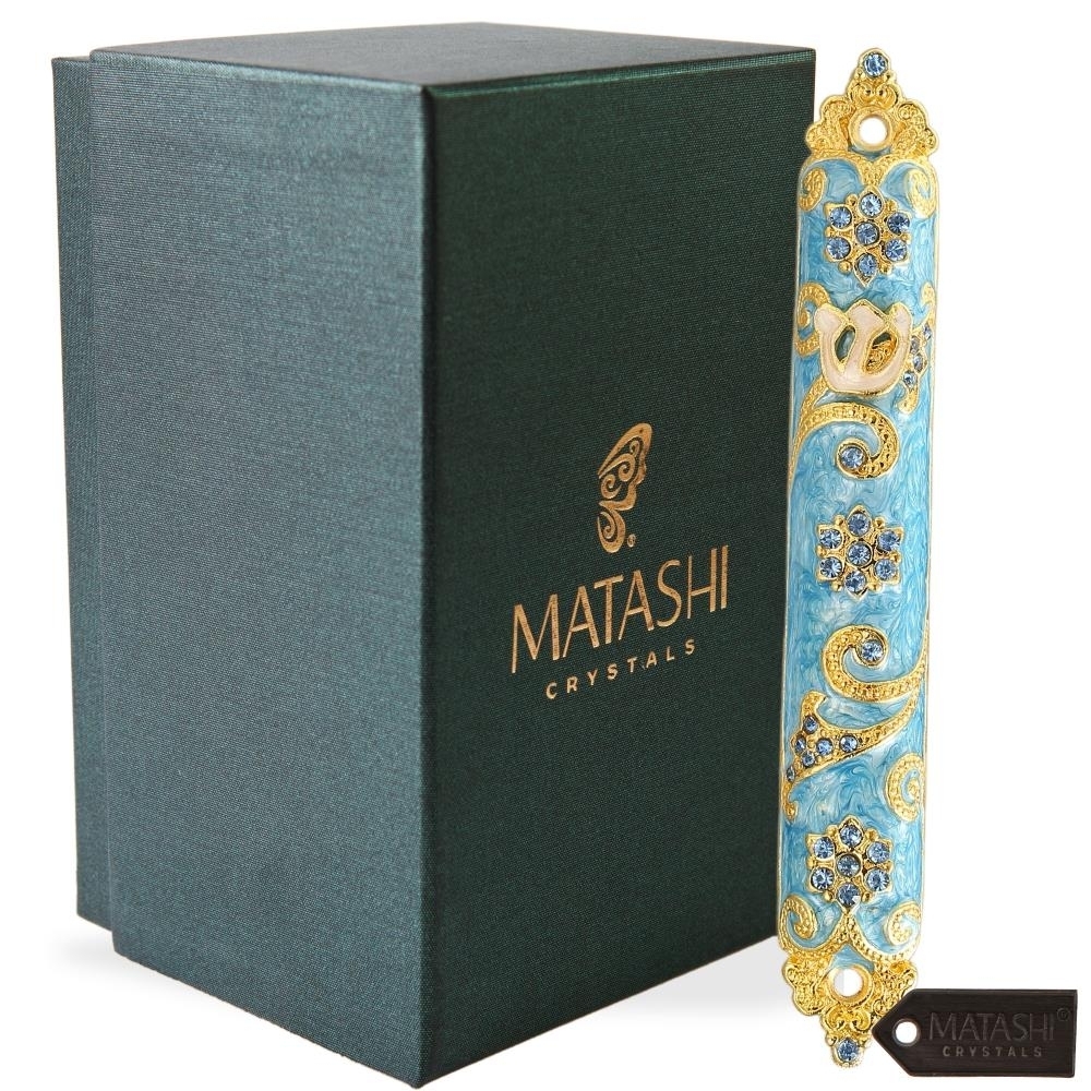 4.5 Hand Painted Enamel Mezuzah Embellished With A Rich Blue Judaica Design Gold Accents And High Quality Crystals By Matashi