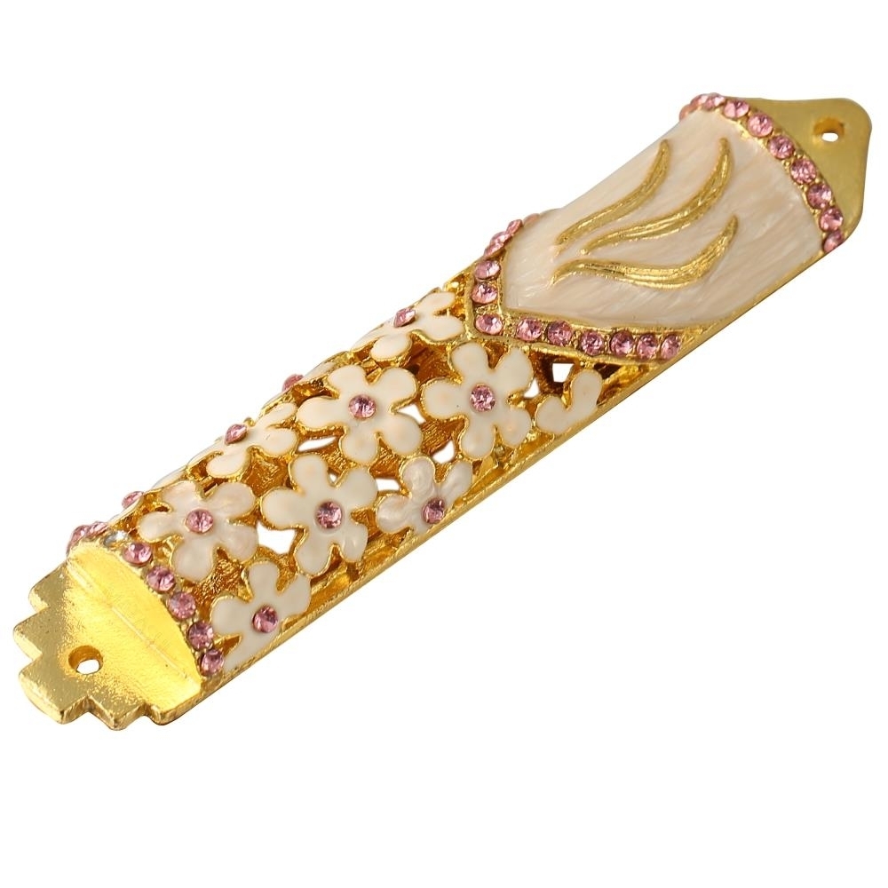 4.25 Hand Painted Enamel Mezuzah Embellished With A Floral Design Gold Accents And High Quality Purple Crystals By Matashi