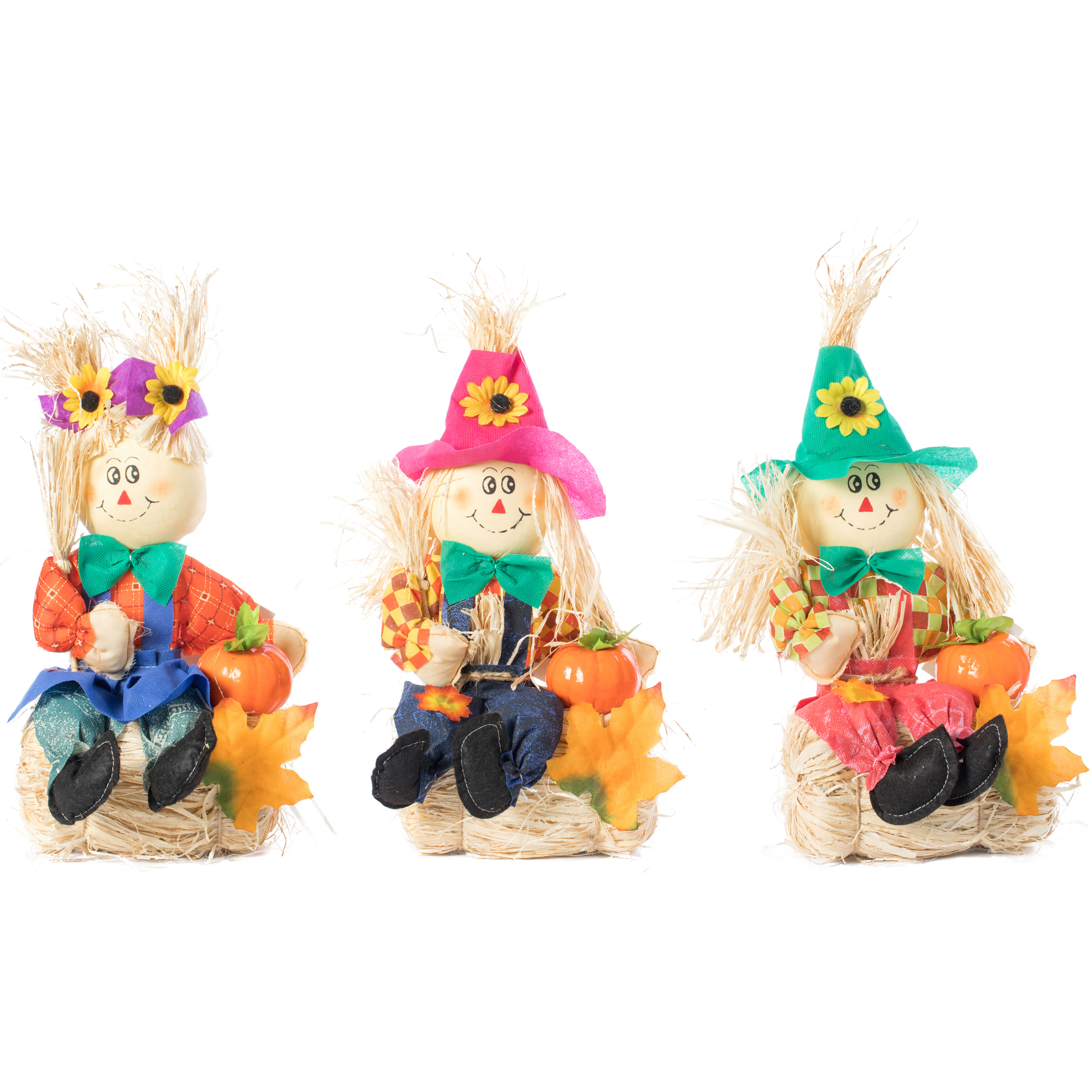 Set Of 3 Garden Scarecrows Sitting On Hay Bale