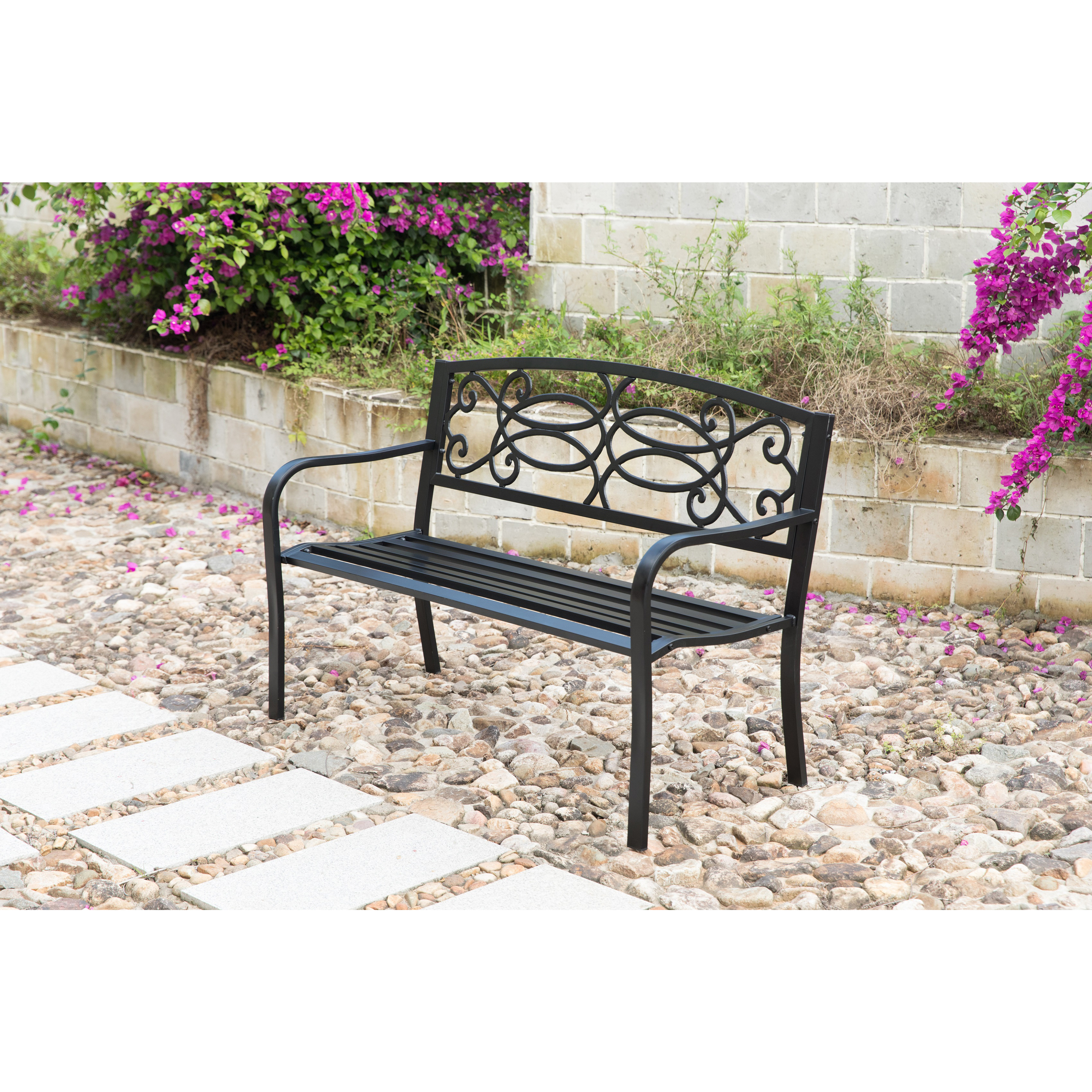 Steel Outdoor Patio Garden Park Seating Bench With Cast Iron Scrollwork Backrest, Front Porch Yard Bench Lawn Decor