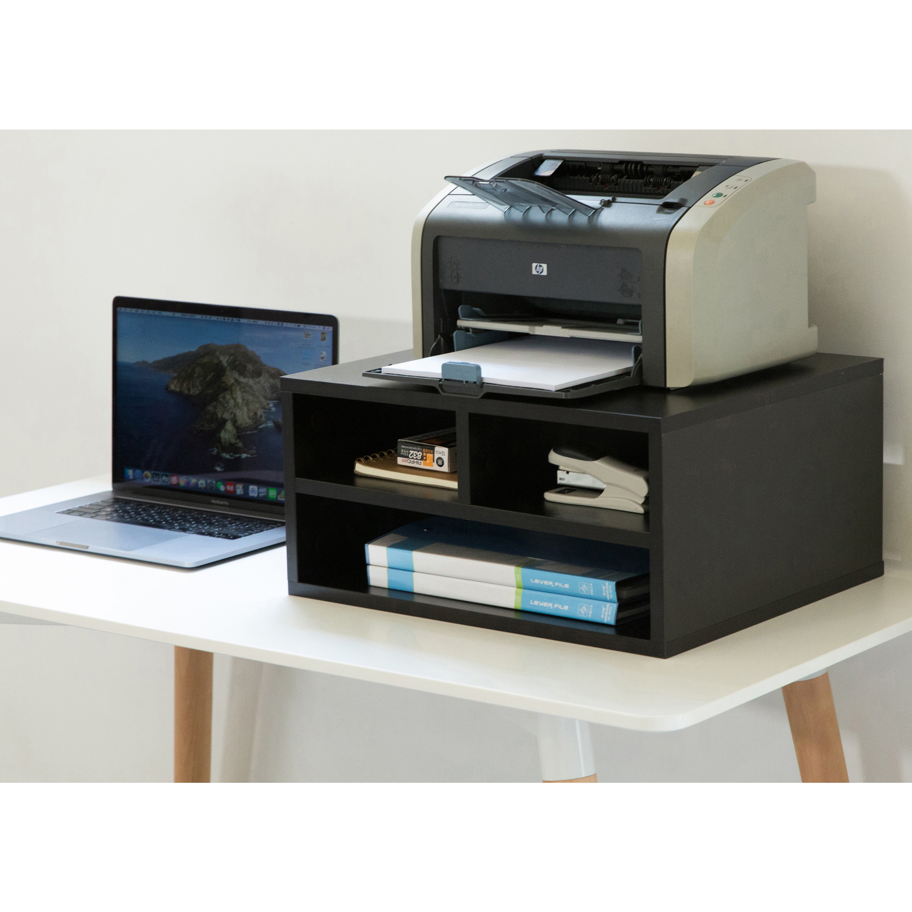Printer Stand Shelf Wood Office Desktop Compartment Organizer - White
