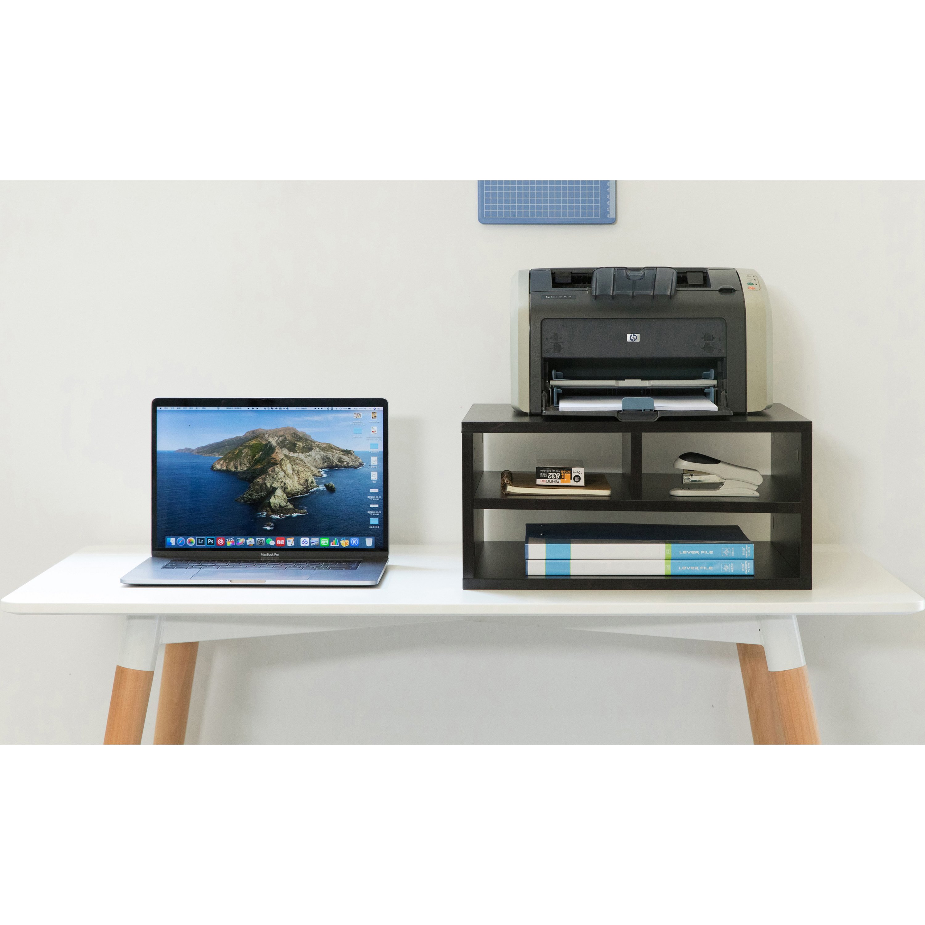 Printer Stand Shelf Wood Office Desktop Compartment Organizer - Black