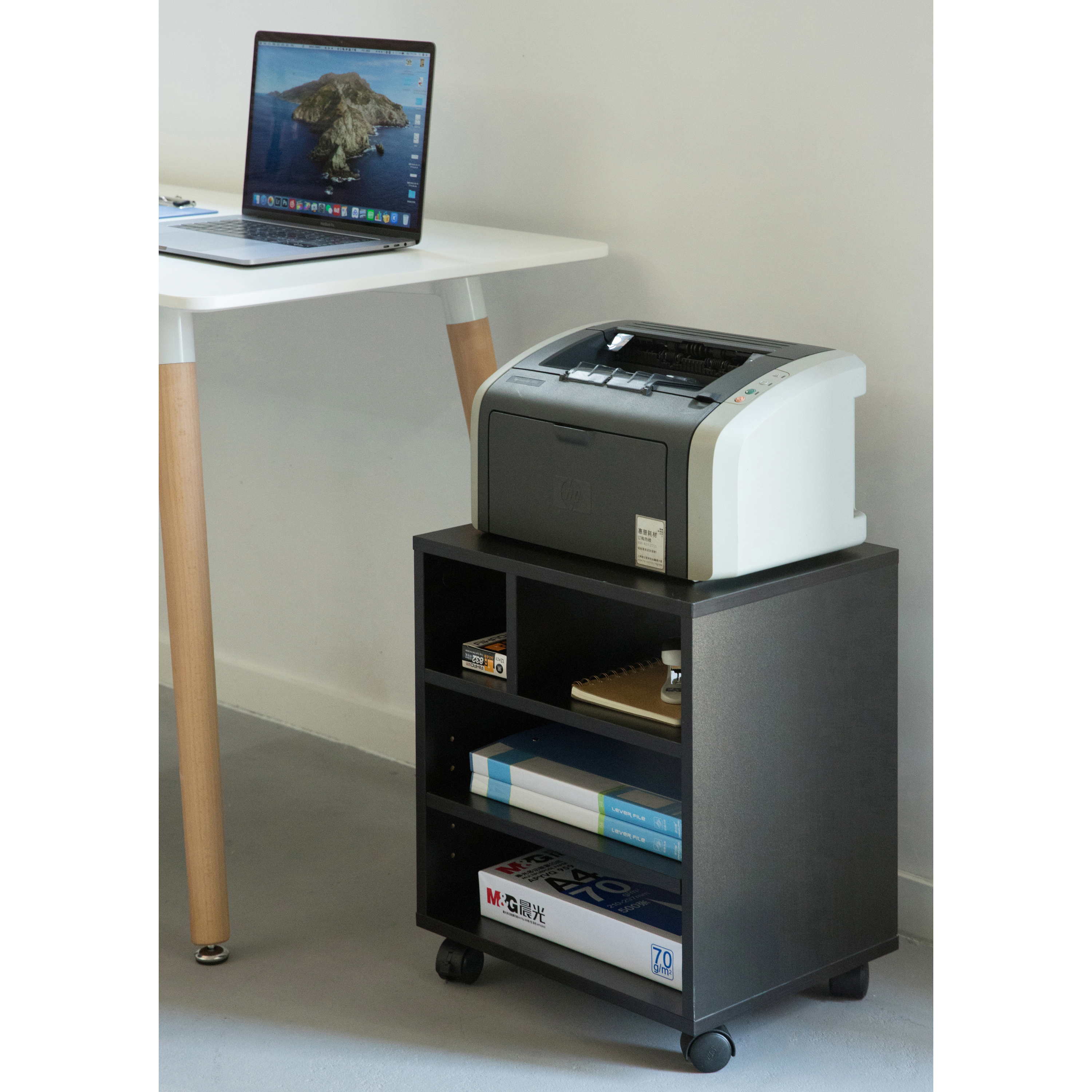 Wooden Office Storage Printer Stand With Wheels - Black