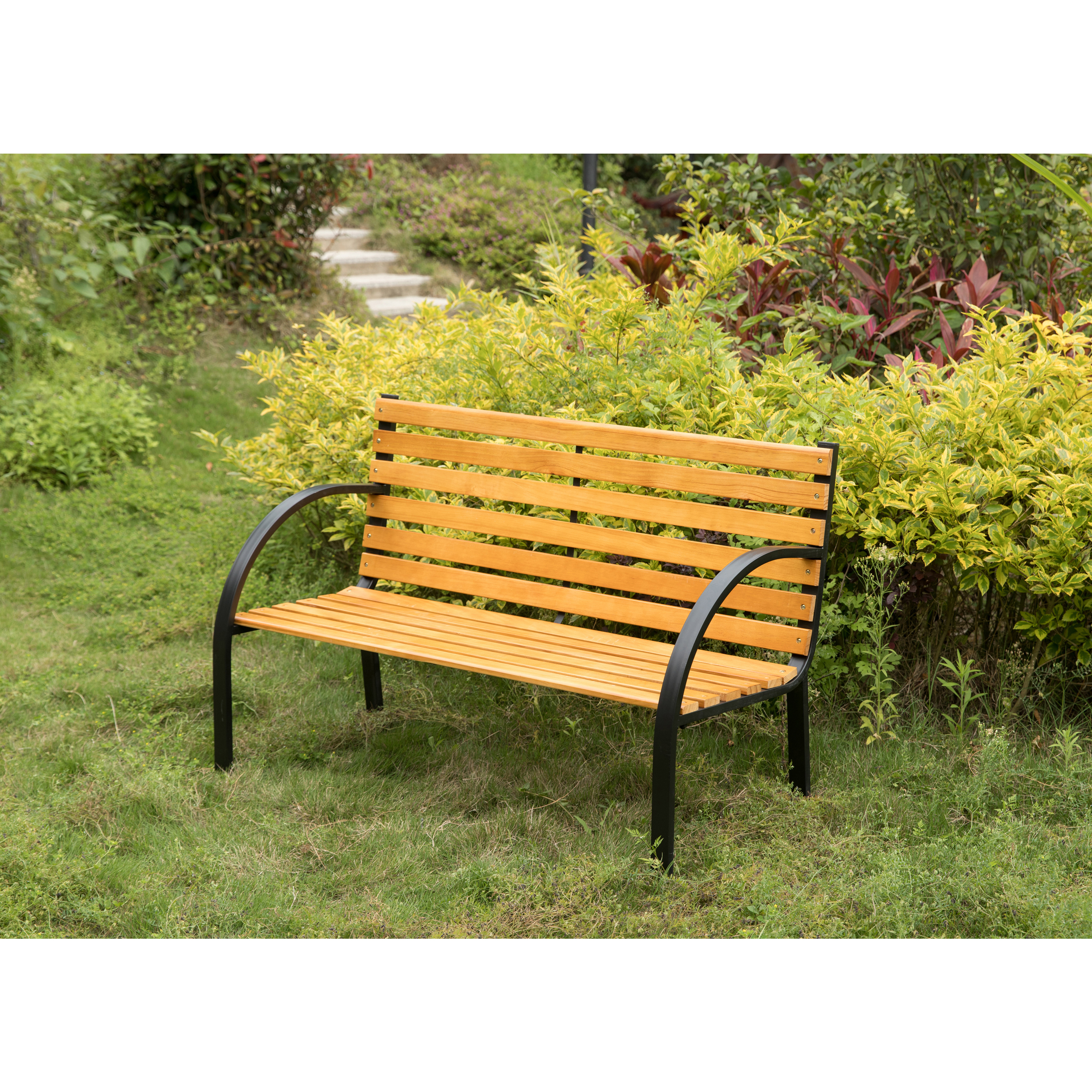 Classical Wooden Slats Outdoor Park Bench With Steel Frame, Seating Bench For Yard, Patio, Garden, Balcony, And Deck