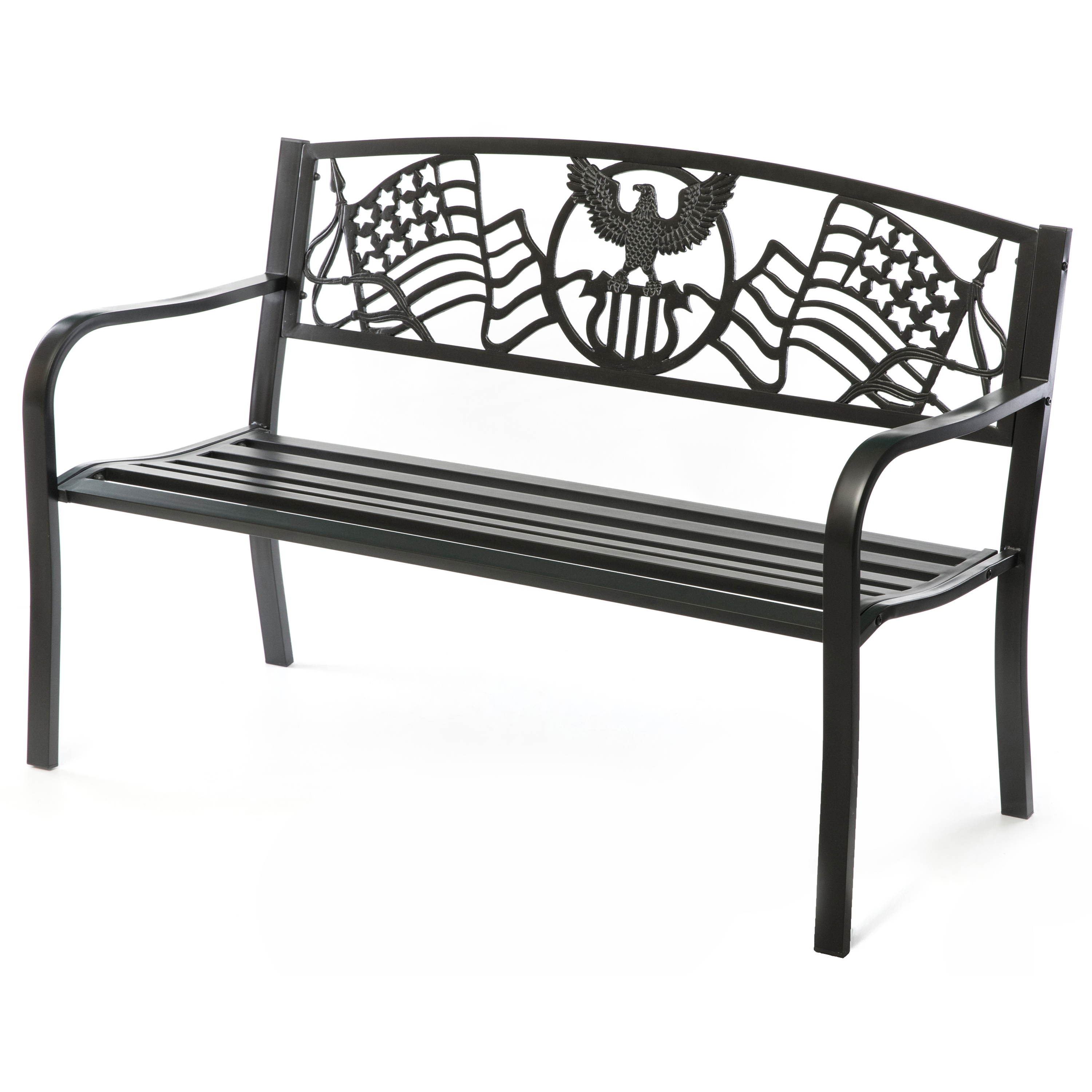 Steel Outdoor Patio Garden Park Seating Bench With Cast Iron Patriotic American Flag And Eagle Backrest, Front Porch Yard Bench Lawn Decor