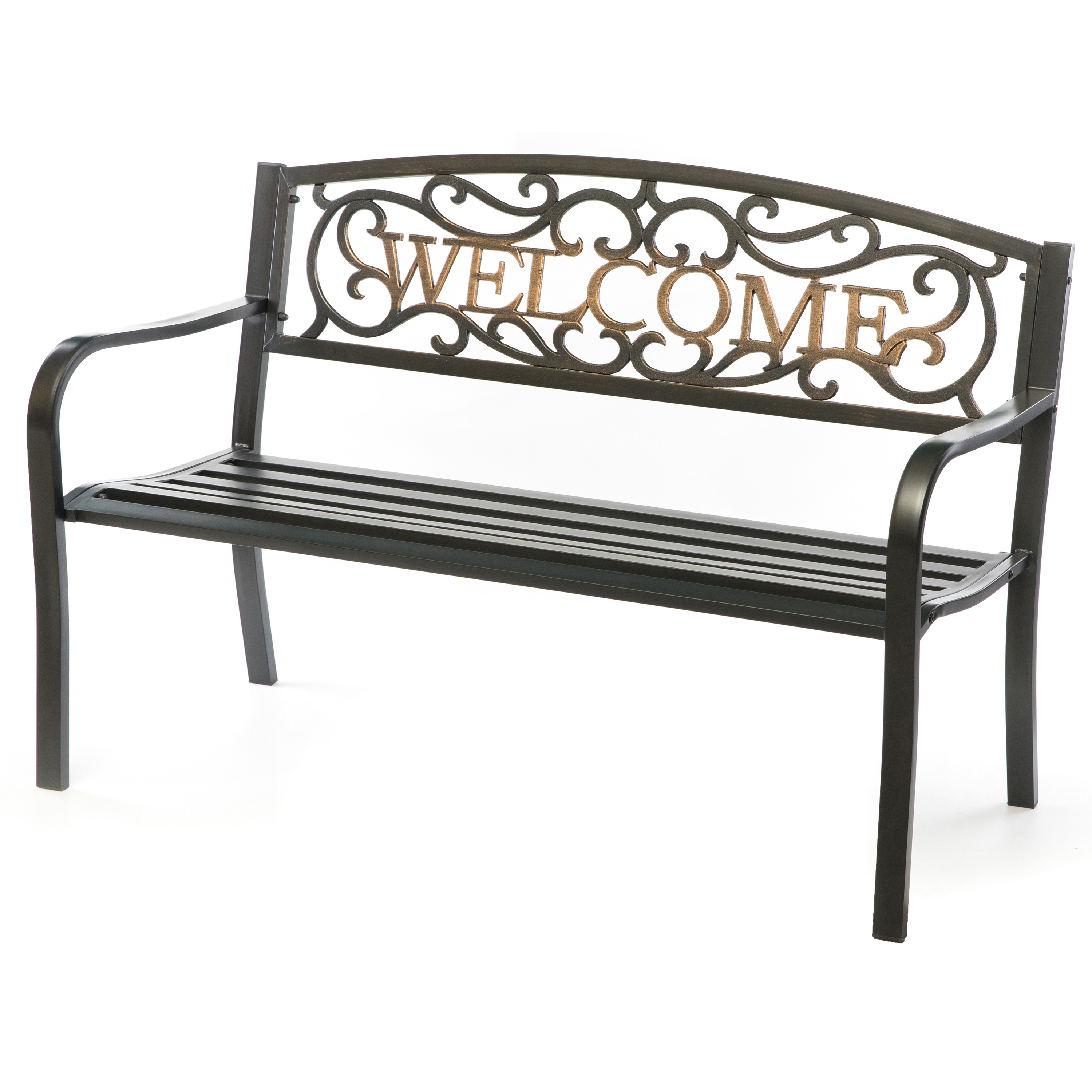 Steel Outdoor Patio Garden Park Seating Bench With Cast Iron Welcome Backrest, Front Porch Yard Bench Lawn Decor