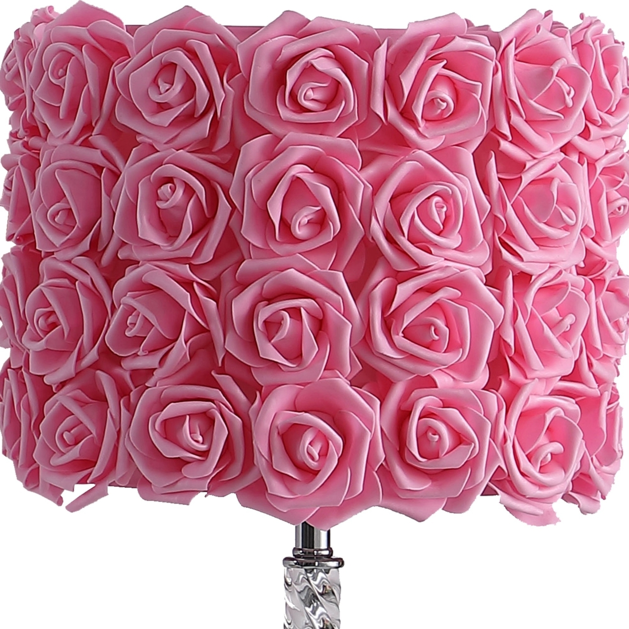 Bloom Roses Drum Shade Table Lamp With Twisted Acrylic Base, Pink- Saltoro Sherpi