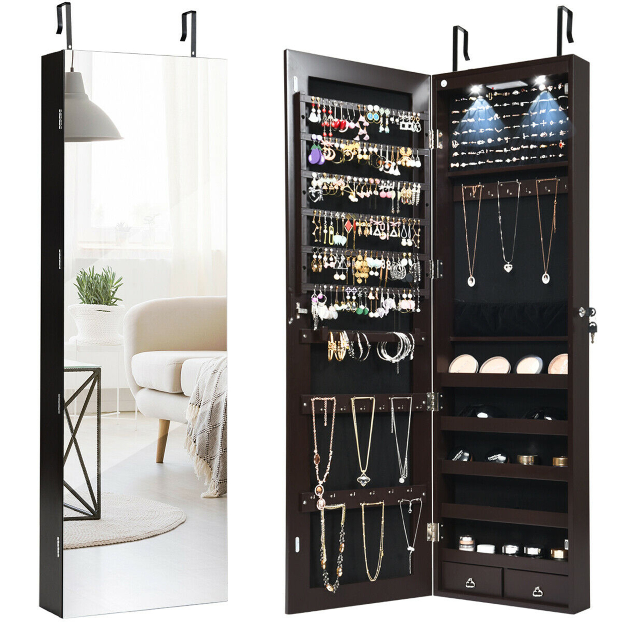 Wall & Door Mounted Mirrored Jewelry Cabinet Storage Organizer Black/White - Brown
