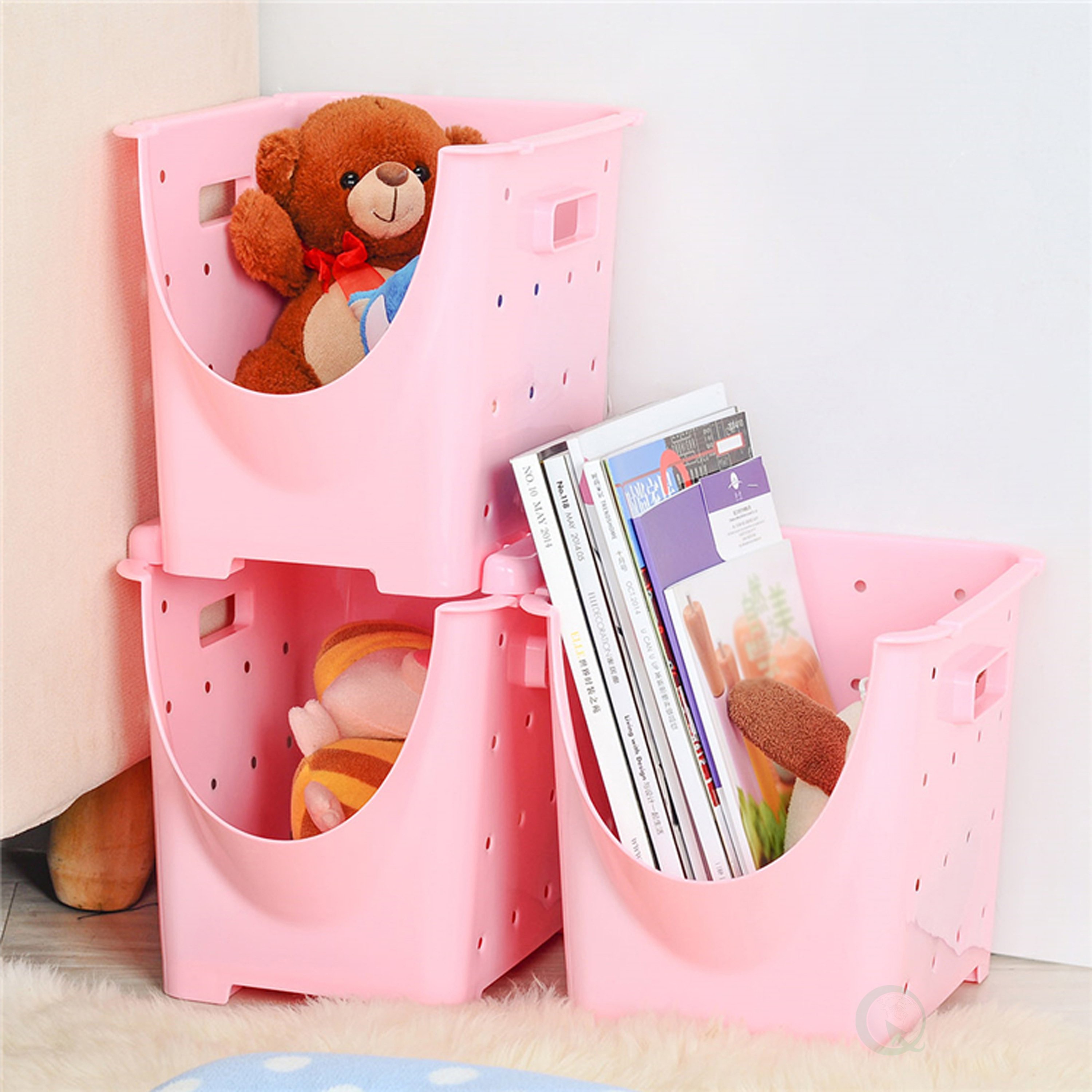 Stackable Plastic Storage Container - Set Of 3 Pink