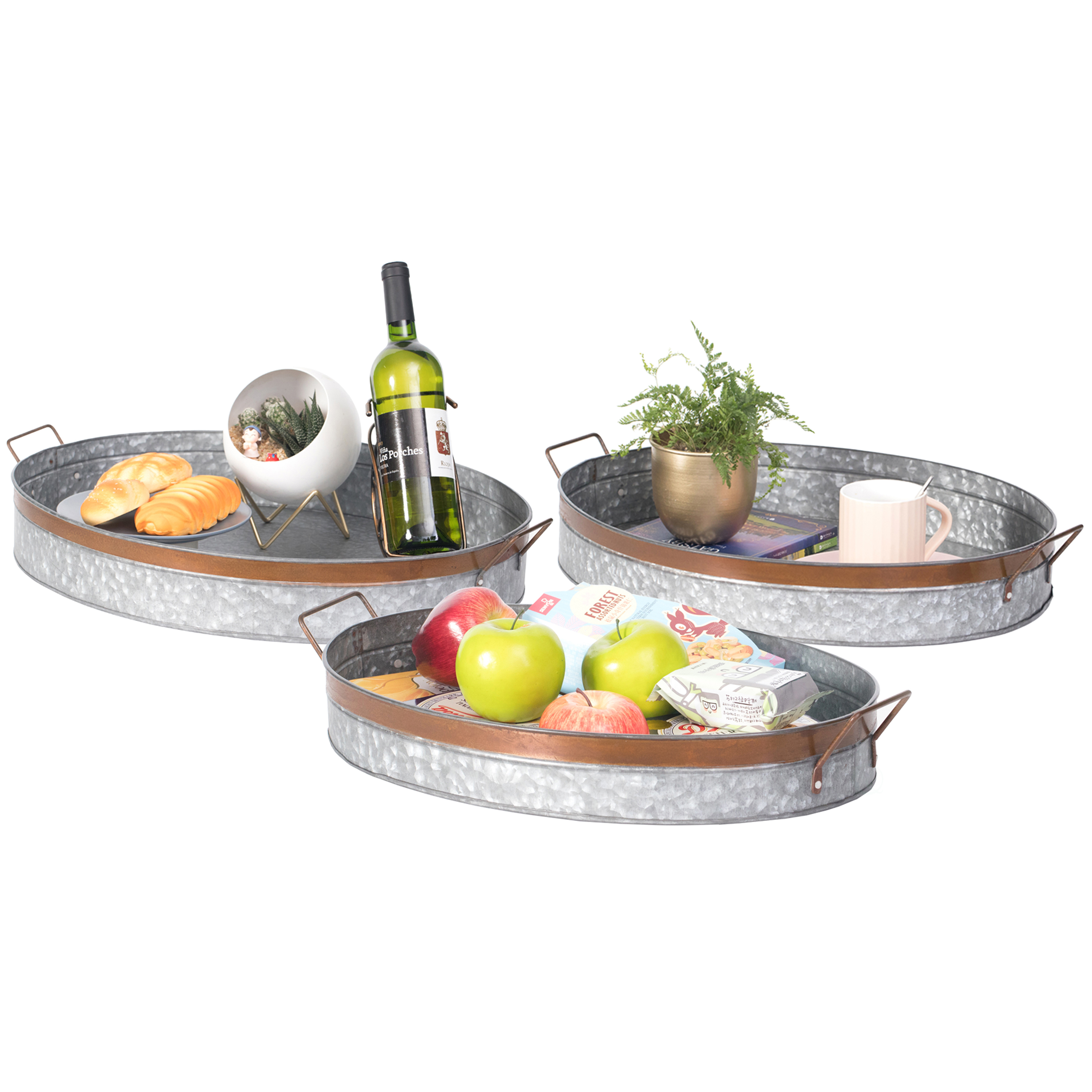 Galvanized Metal Oval Rustic Serving Tray With Handles - Set Of 3