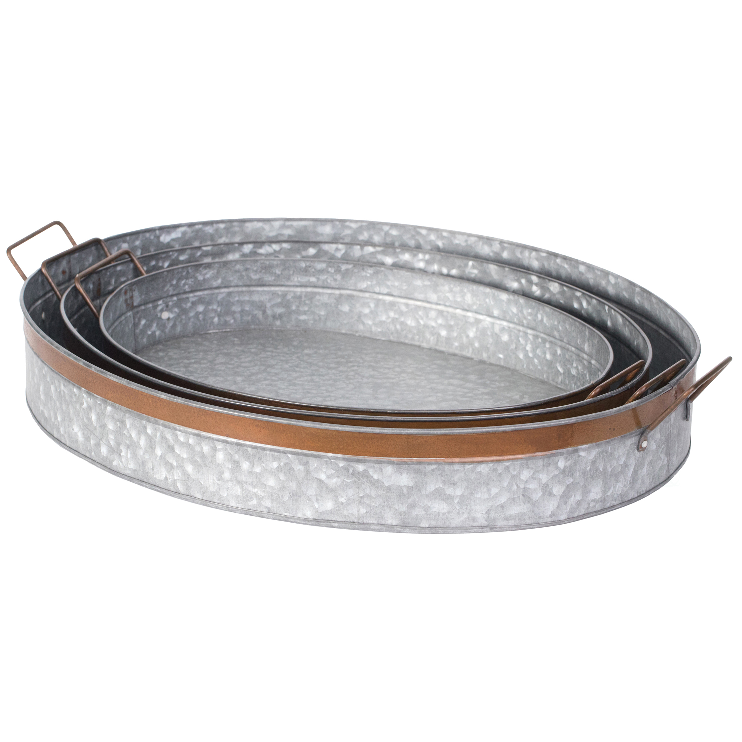 Galvanized Metal Oval Rustic Serving Tray With Handles - Set Of 3