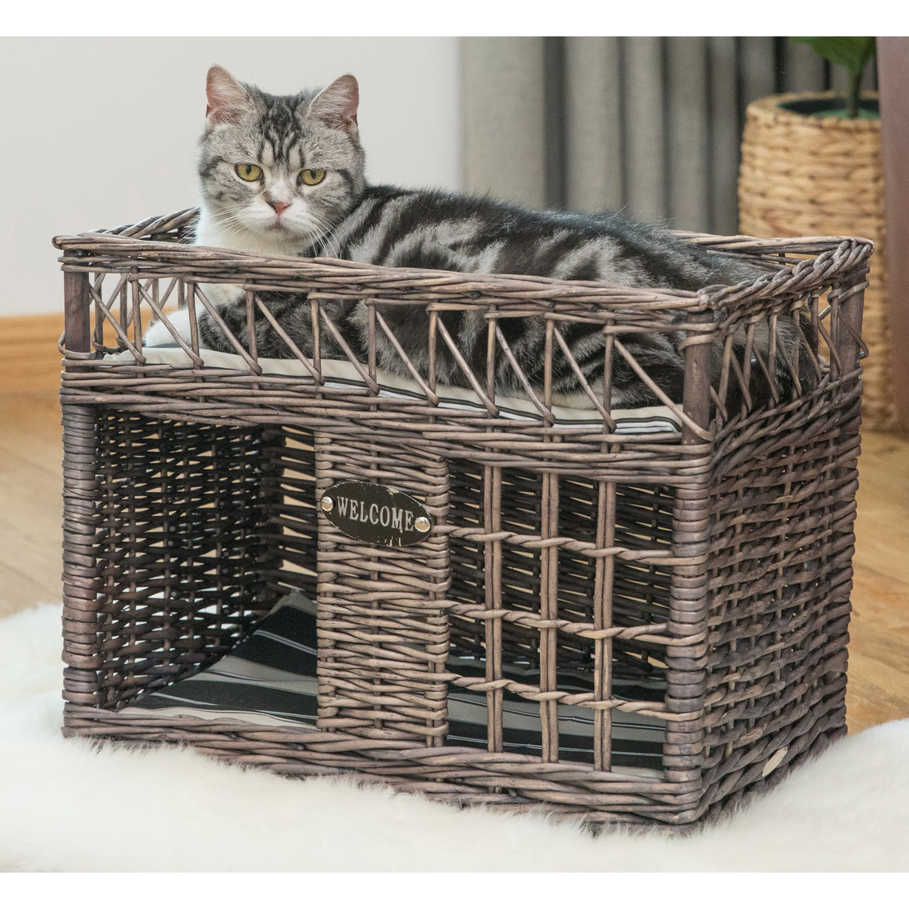 Two-level Willow Pet House With Soft Fabric Cushion For Cat Or Dog, Grey