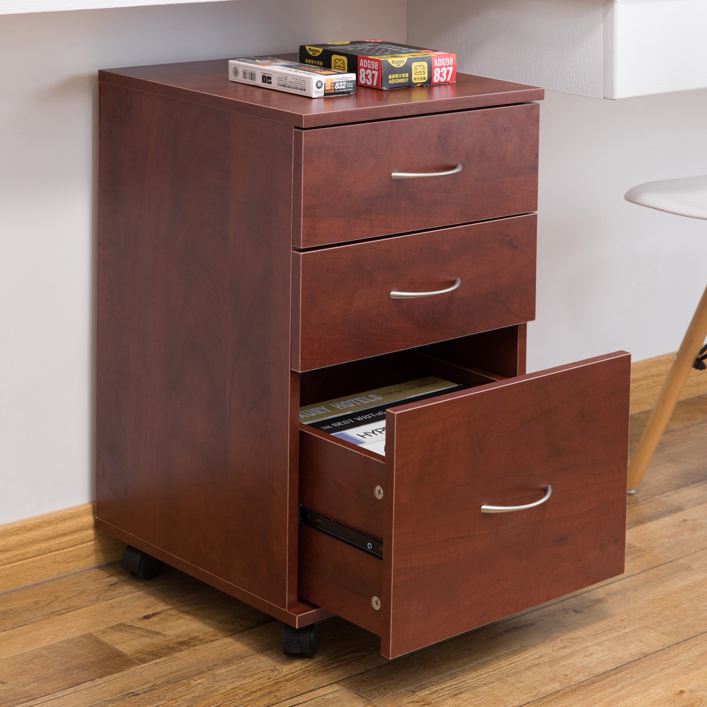Office File Cabinet 3 Drawer Chest With Rolling Casters - Cherry
