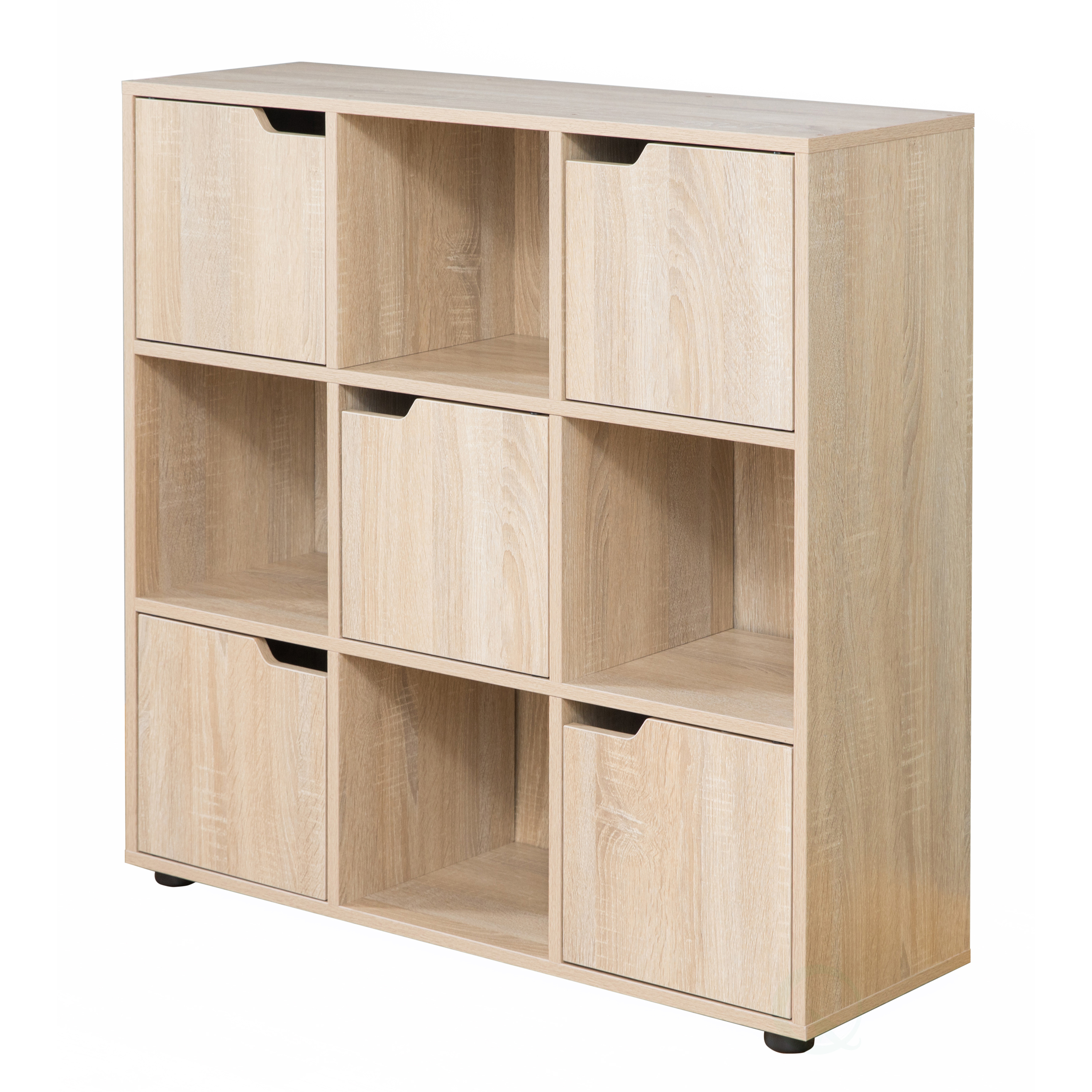 9 Cube Wooden Organizer With 5 Enclosed Doors and 4 Shelves - oak