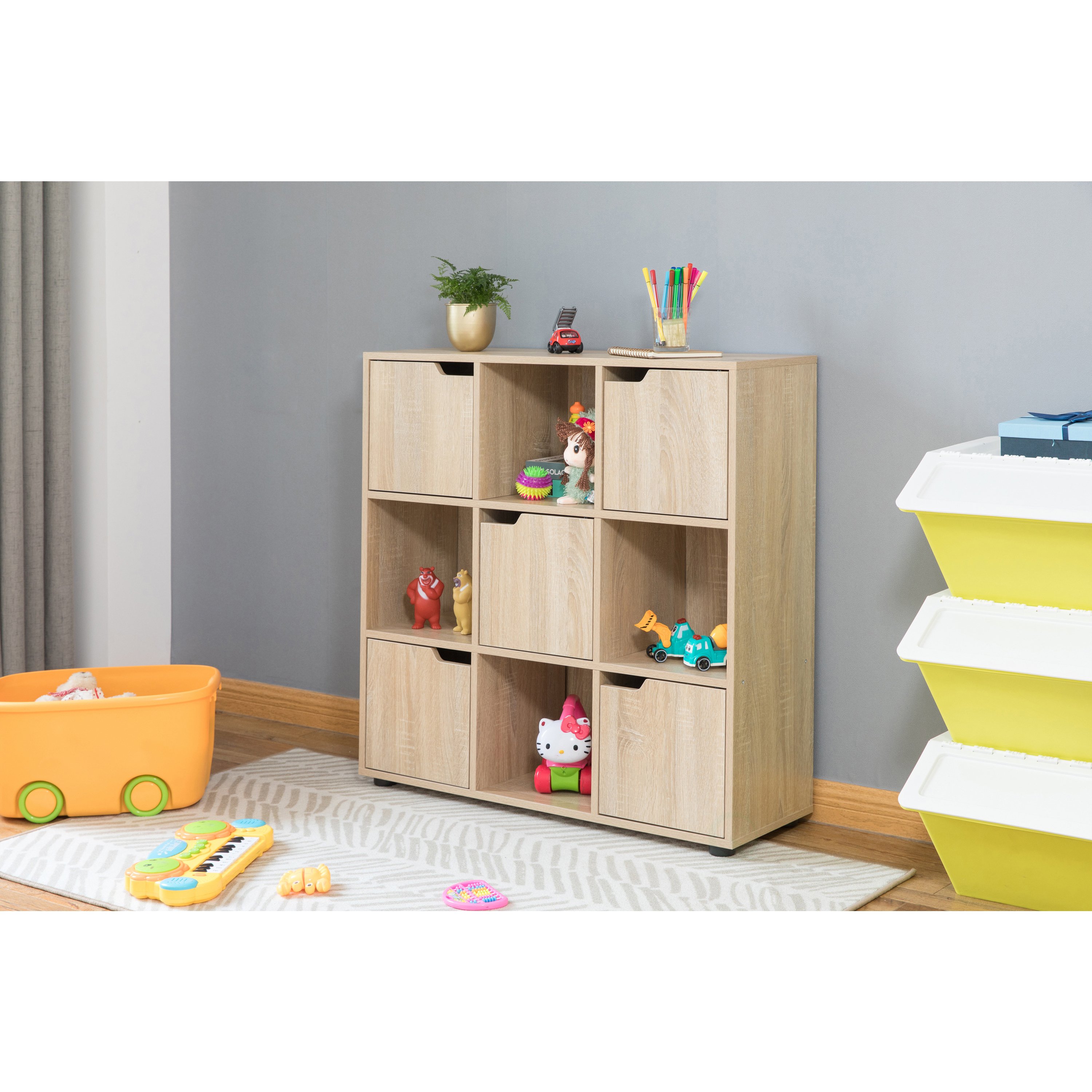 9 Cube Wooden Organizer With 5 Enclosed Doors And 4 Shelves - White