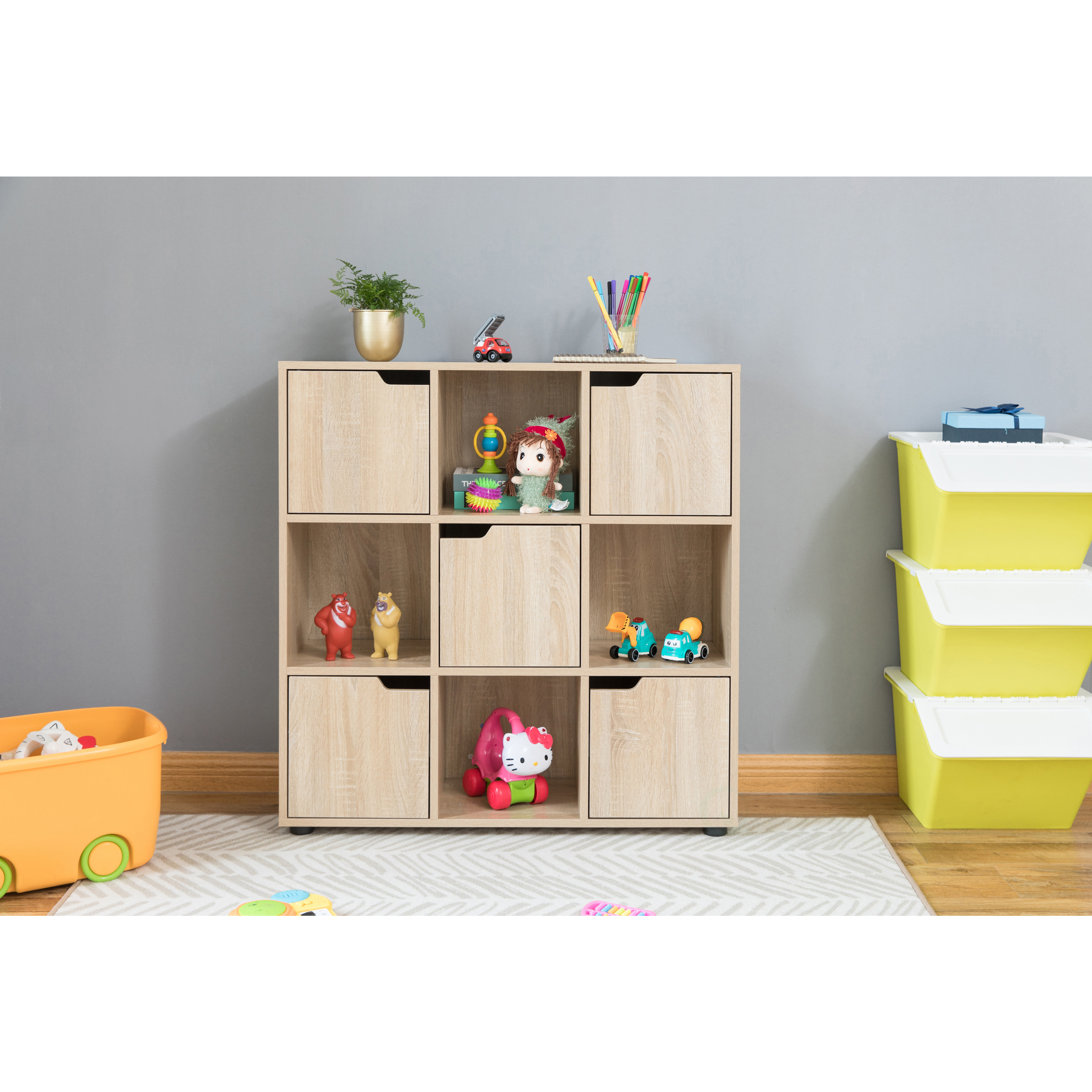 9 Cube Wooden Organizer With 5 Enclosed Doors And 4 Shelves - Oak
