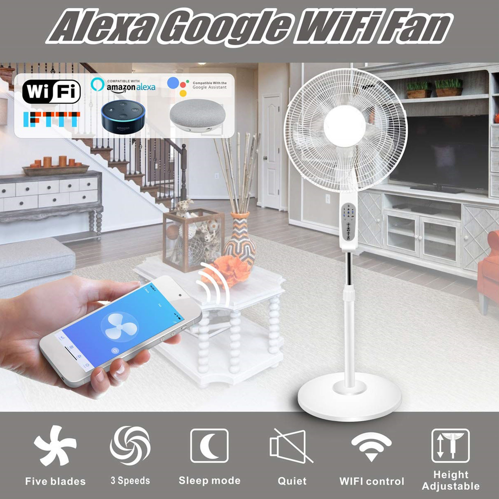 Technical Pro WIFI Enabled 16 Standing Fan With Oscillating Feature, Compatibe With Amazon Alexa/Google Home Voice Control