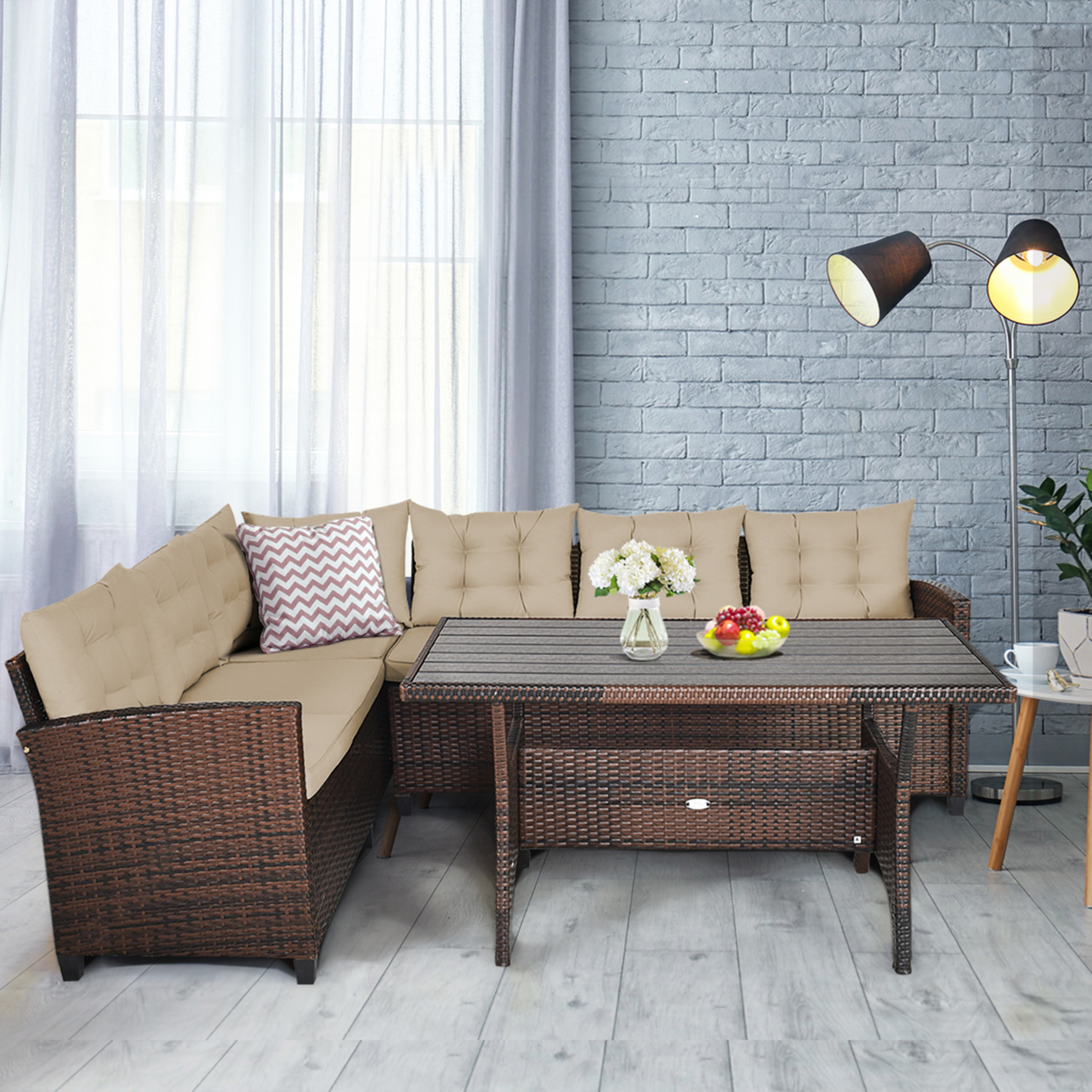 3PCS Rattan Dining Sofa Set W/6 Cushioned Seats Patio Furniture