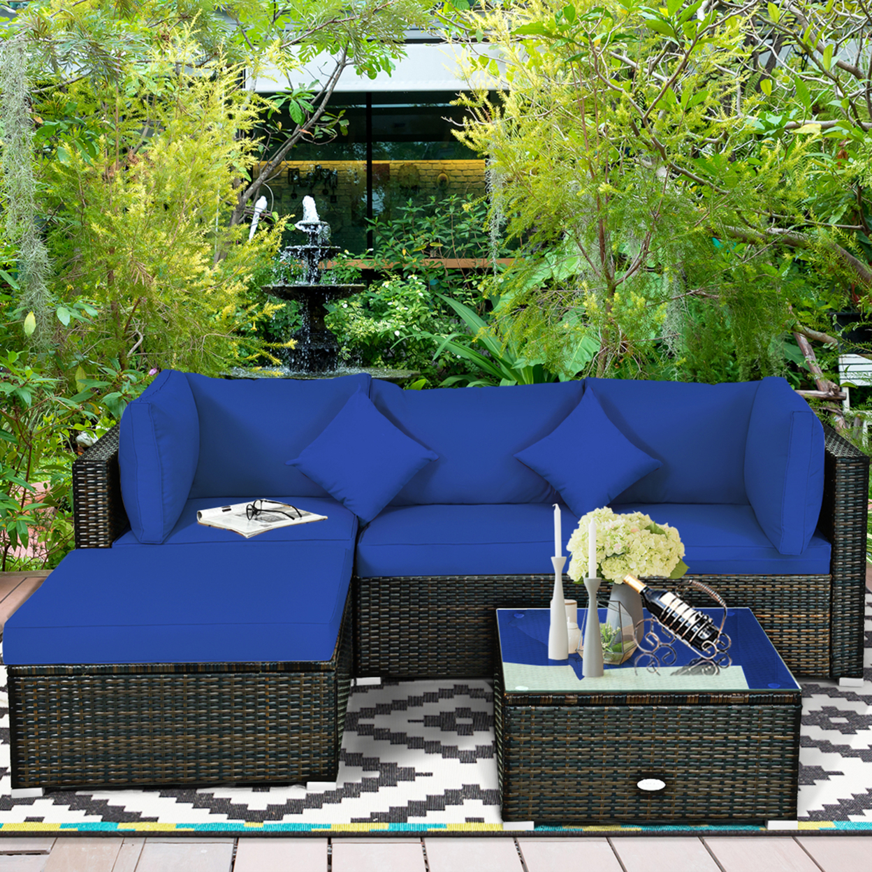 5PC Rattan Patio Conversation Set Outdoor Furniture Set W/ Ottoman Cushion