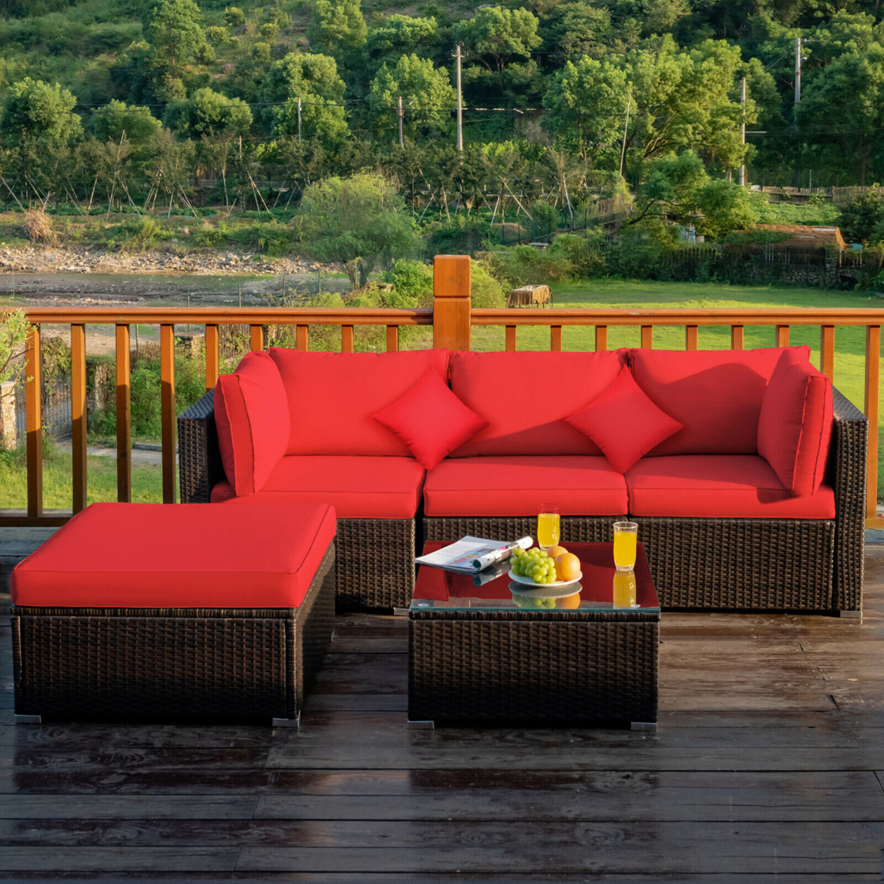 5PCS Rattan Sectional Sofa Set Patio Furniture Set W/ Red Cushion Pillow