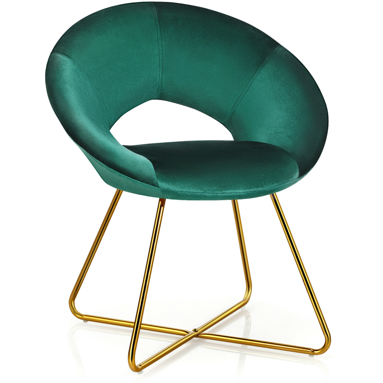 Accent Velvet Chair Dining Arm Chair Make-up Stool W/Golden Metal Leg - Dark Green