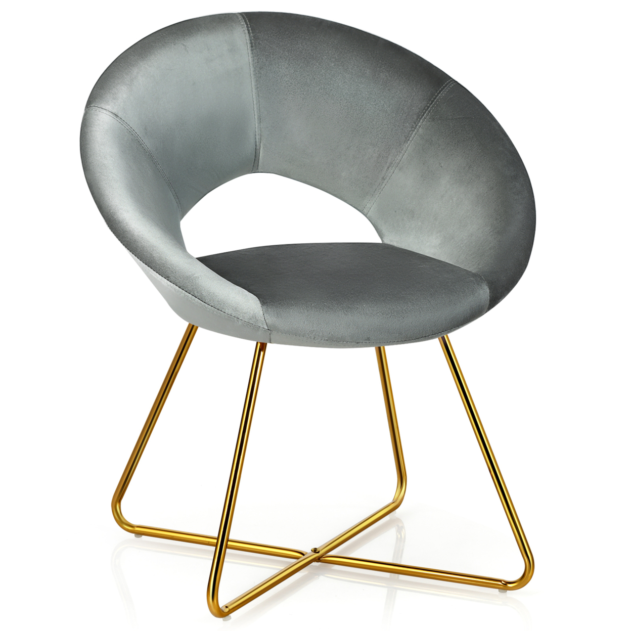Accent Velvet Chair Dining Arm Chair Make-up Stool W/Golden Metal Leg - Grey