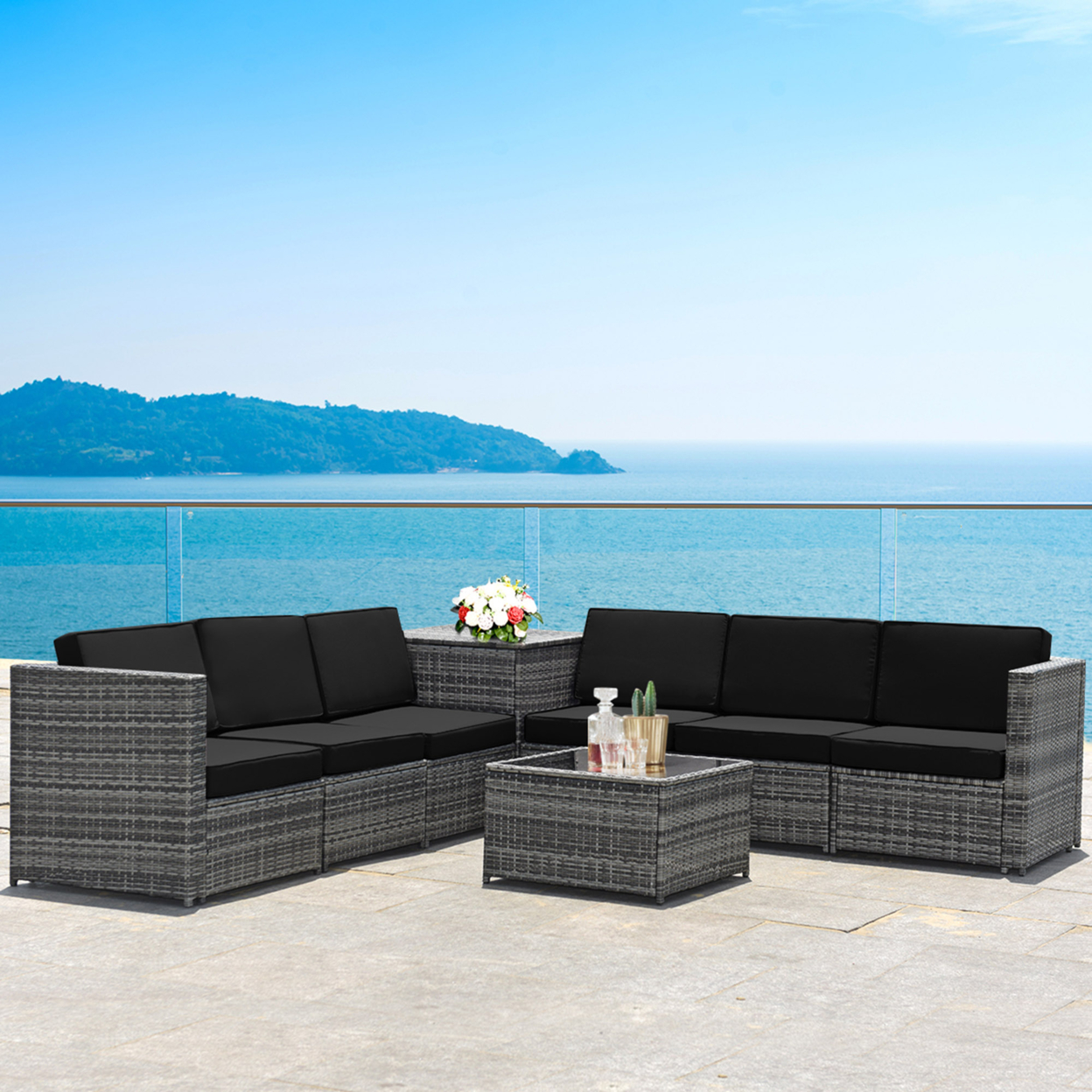 8PCS Patio Rattan Sofa Sectional Conversation Furniture Set W/ Black Cushion