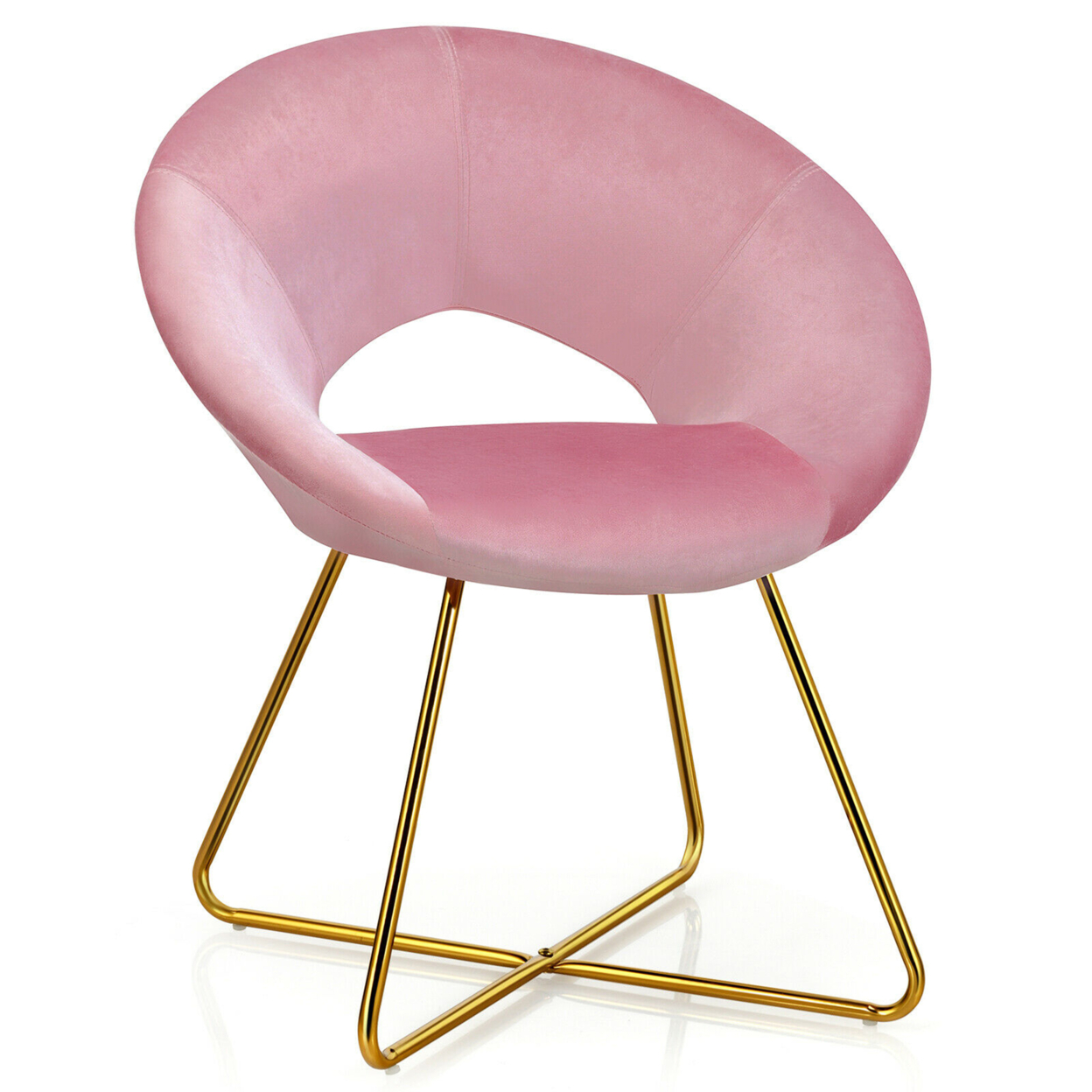 Accent Velvet Chair Dining Arm Chair Make-up Stool W/Golden Metal Leg - Pink