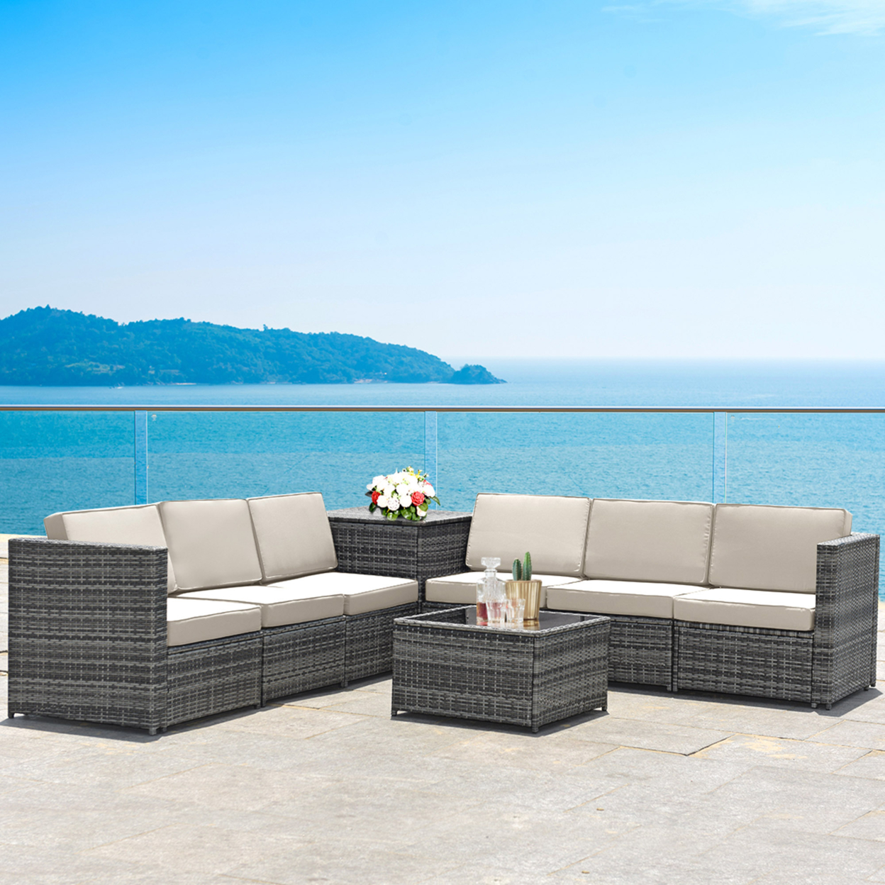 8PCS Patio Rattan Sofa Sectional Conversation Furniture Set W/ White Cushion