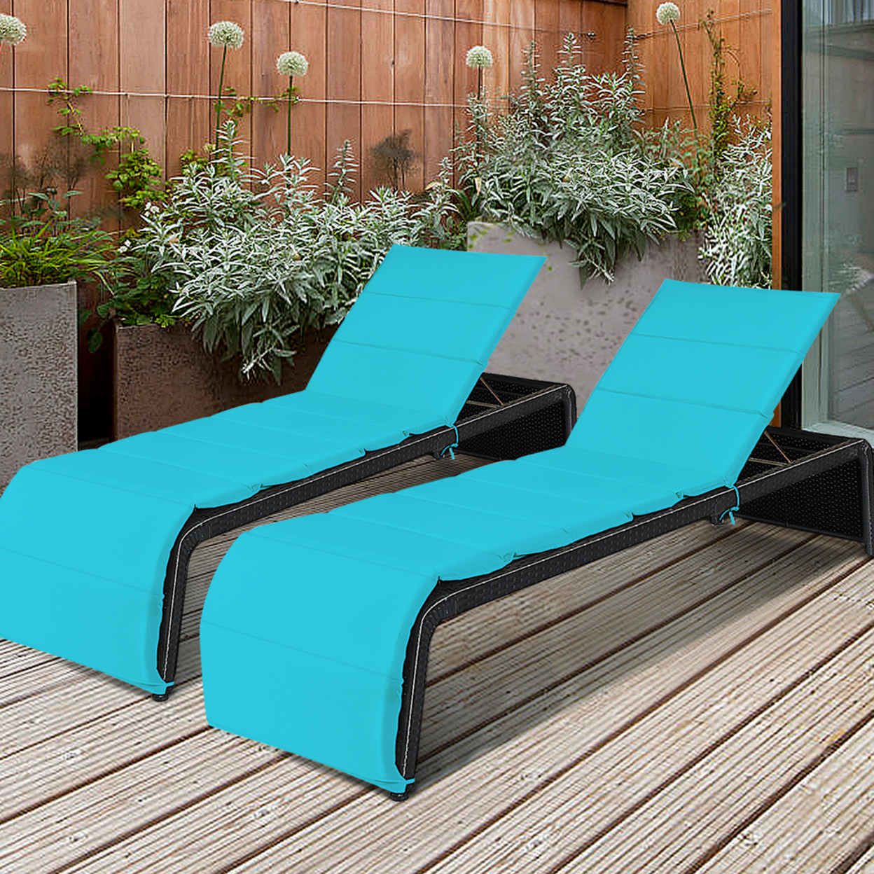 Set Of 2 Adjustable Rattan Patio Recliner Chaise Lounge Chair W/ Turquoise Cushion