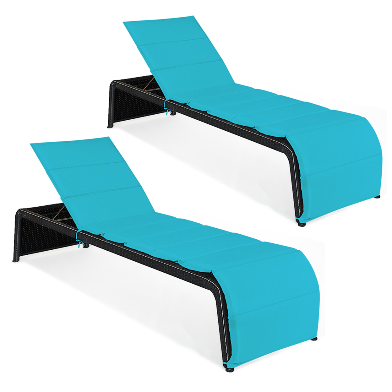 Set Of 2 Adjustable Rattan Patio Recliner Chaise Lounge Chair W/ Turquoise Cushion