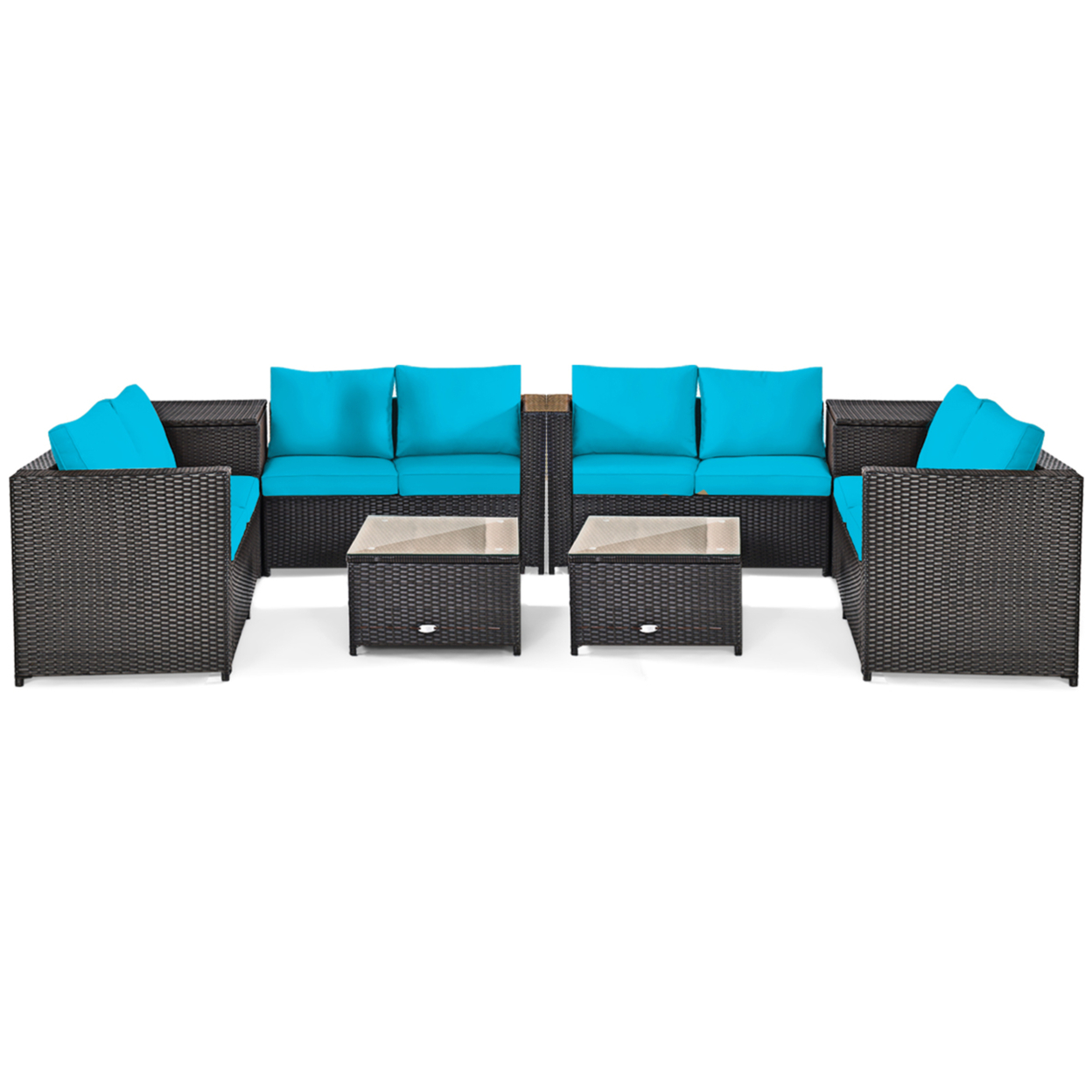 8PCS Cushioned Rattan Patio Conversation Set W/ Side Table Turquoise Cushion